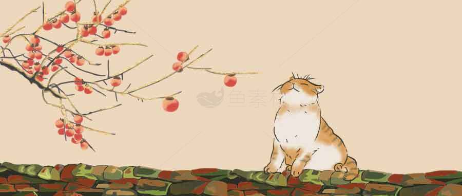 秋日猫咪与红果插画背景素材