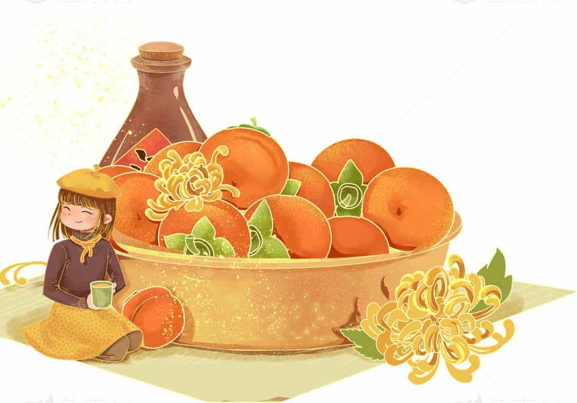 秋季橙子插画：丰收与温暖的田园风情素材