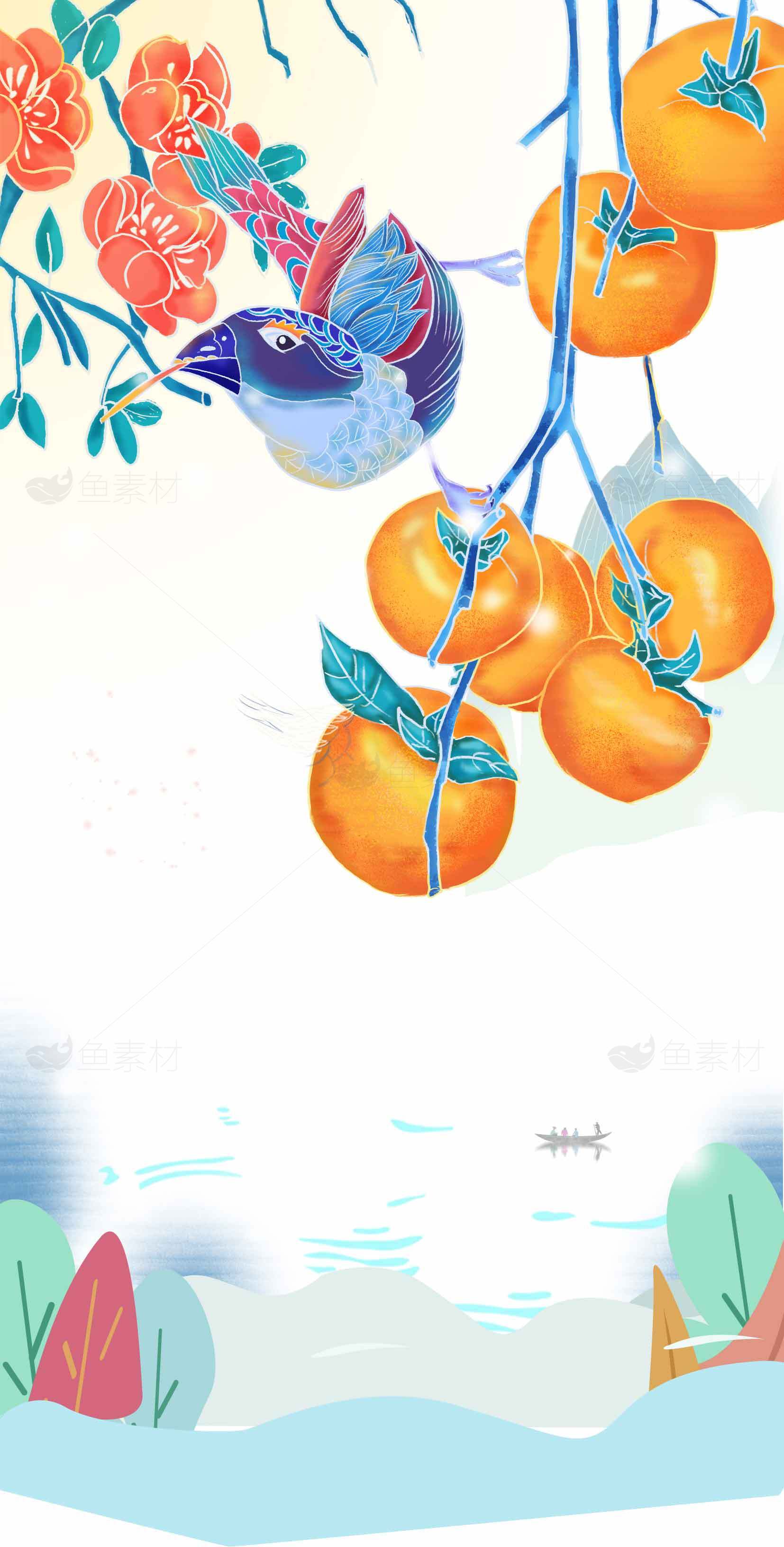 国风插画柿子与鸟意境唯美背景图素材