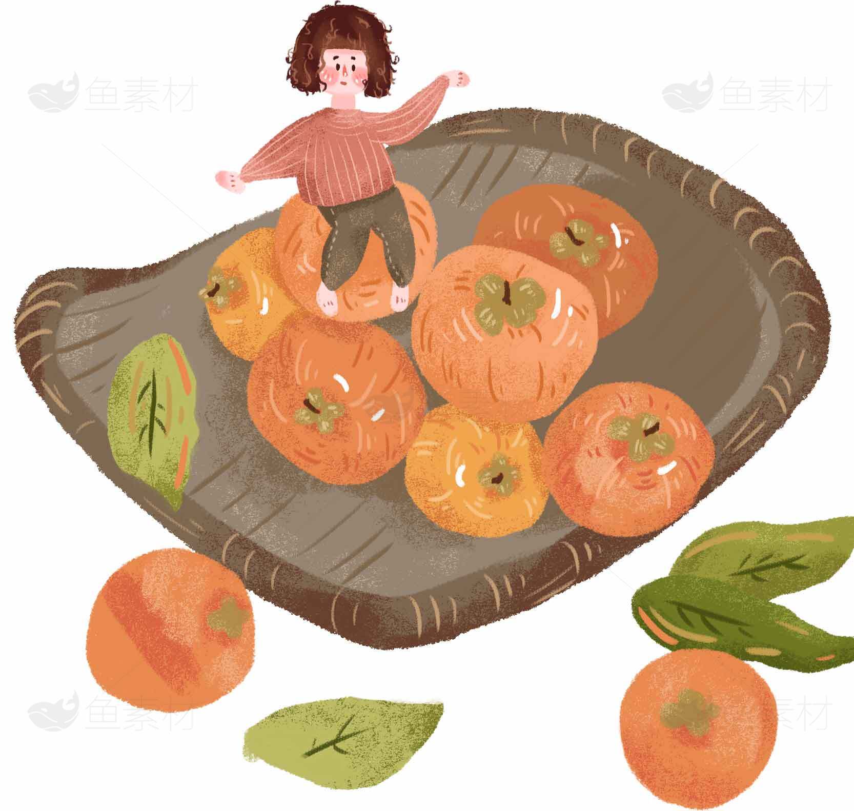 秋季柿子插画设计：童趣与自然的完美结合素材
