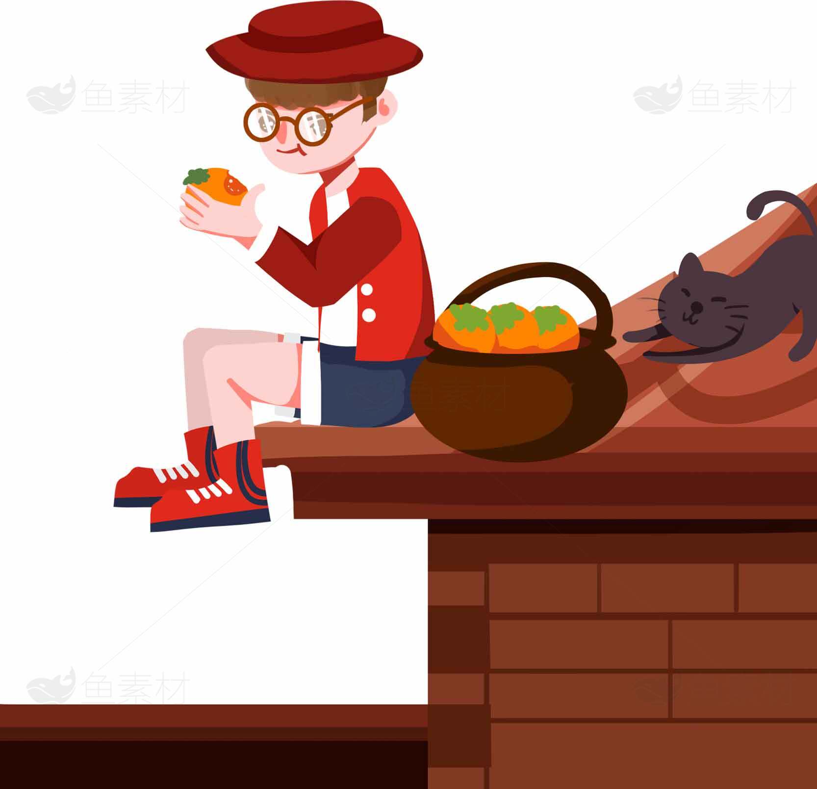 屋顶上的童趣时光：男孩与猫的温馨插画素材
