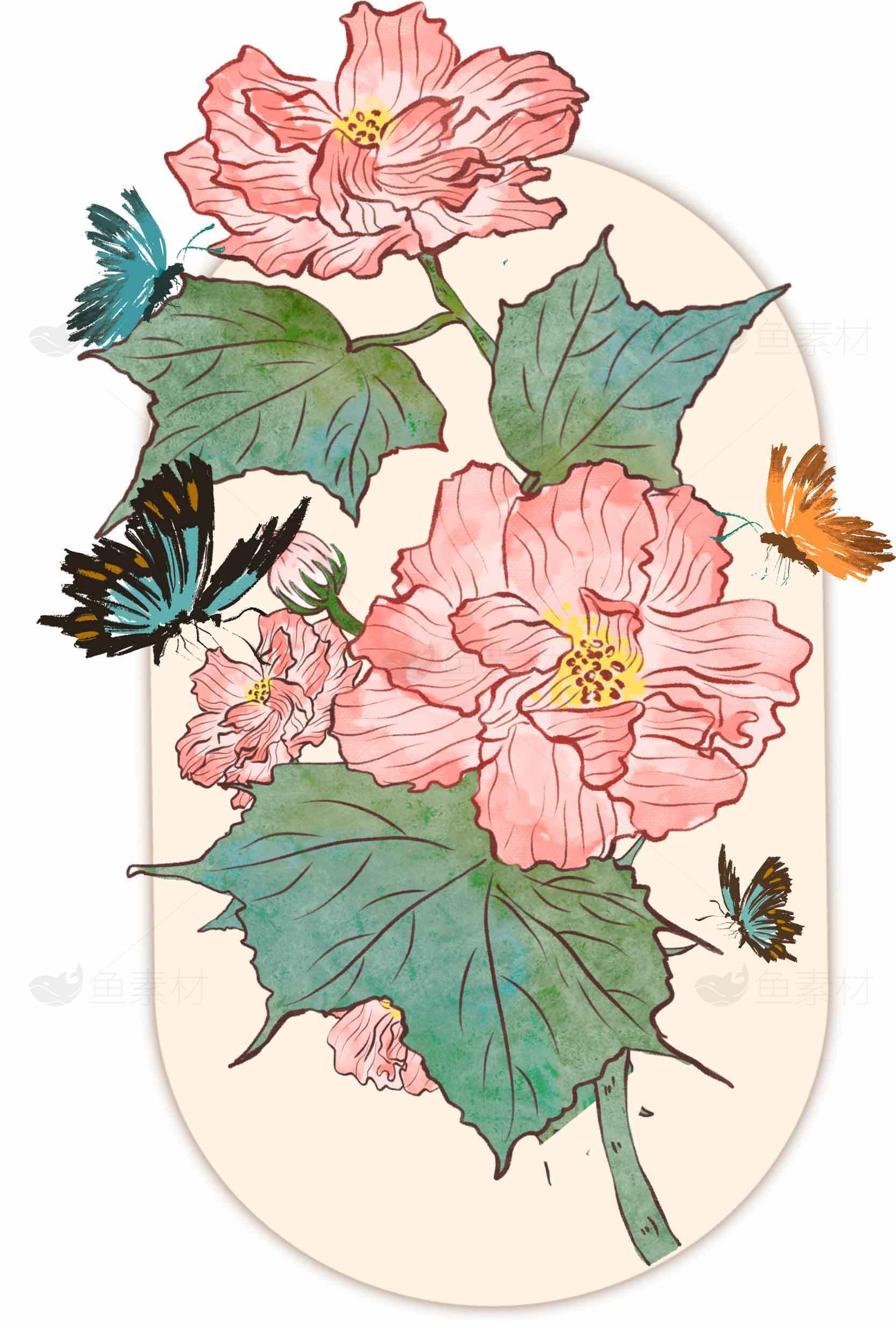 唯美手绘花卉与蝴蝶插画设计素材