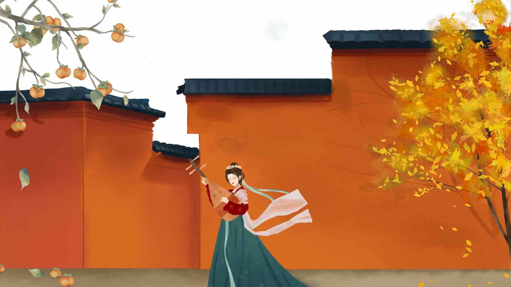 秋季古风女子与红墙意境唯美插画素材