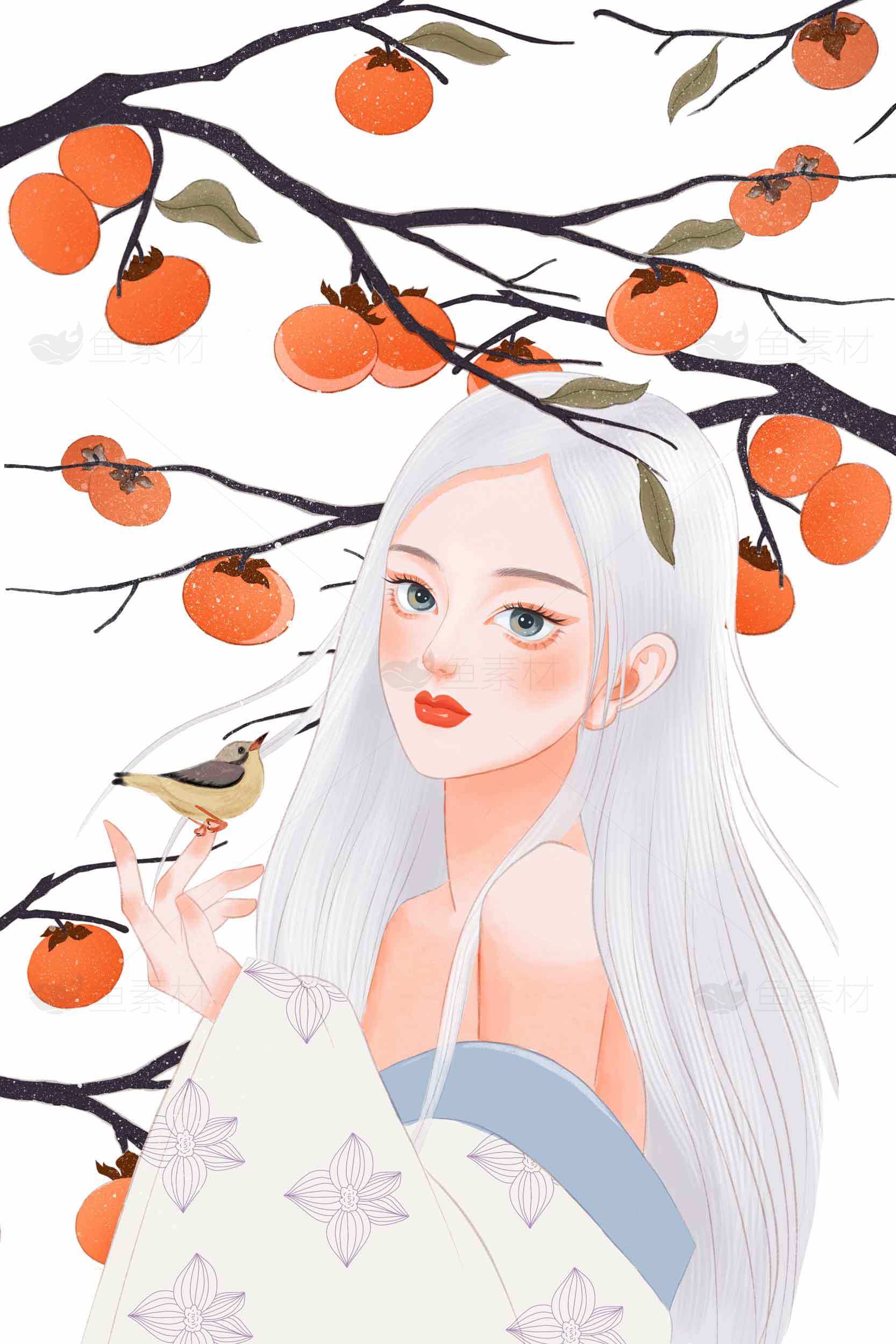 秋季柿子树下的唯美插画素材