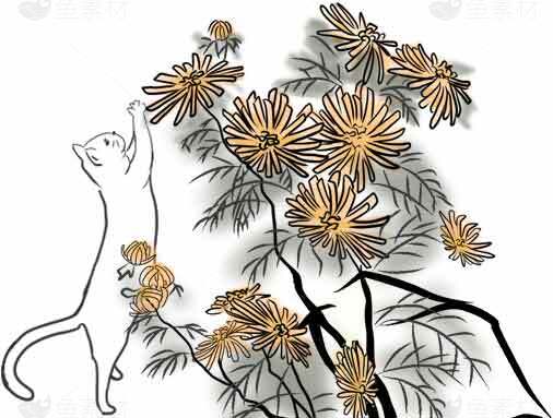 猫与菊花的唯美插画设计素材