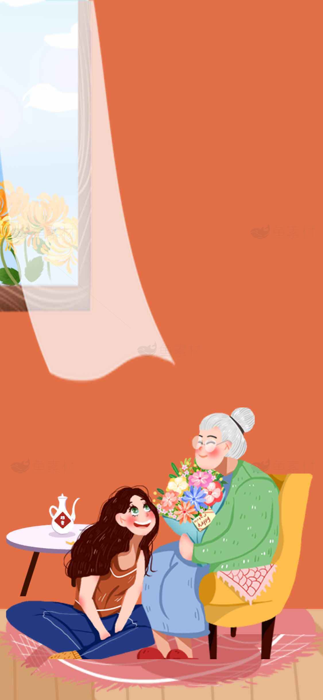 温馨家庭时光插画：祖孙情深与花束的美好瞬间素材