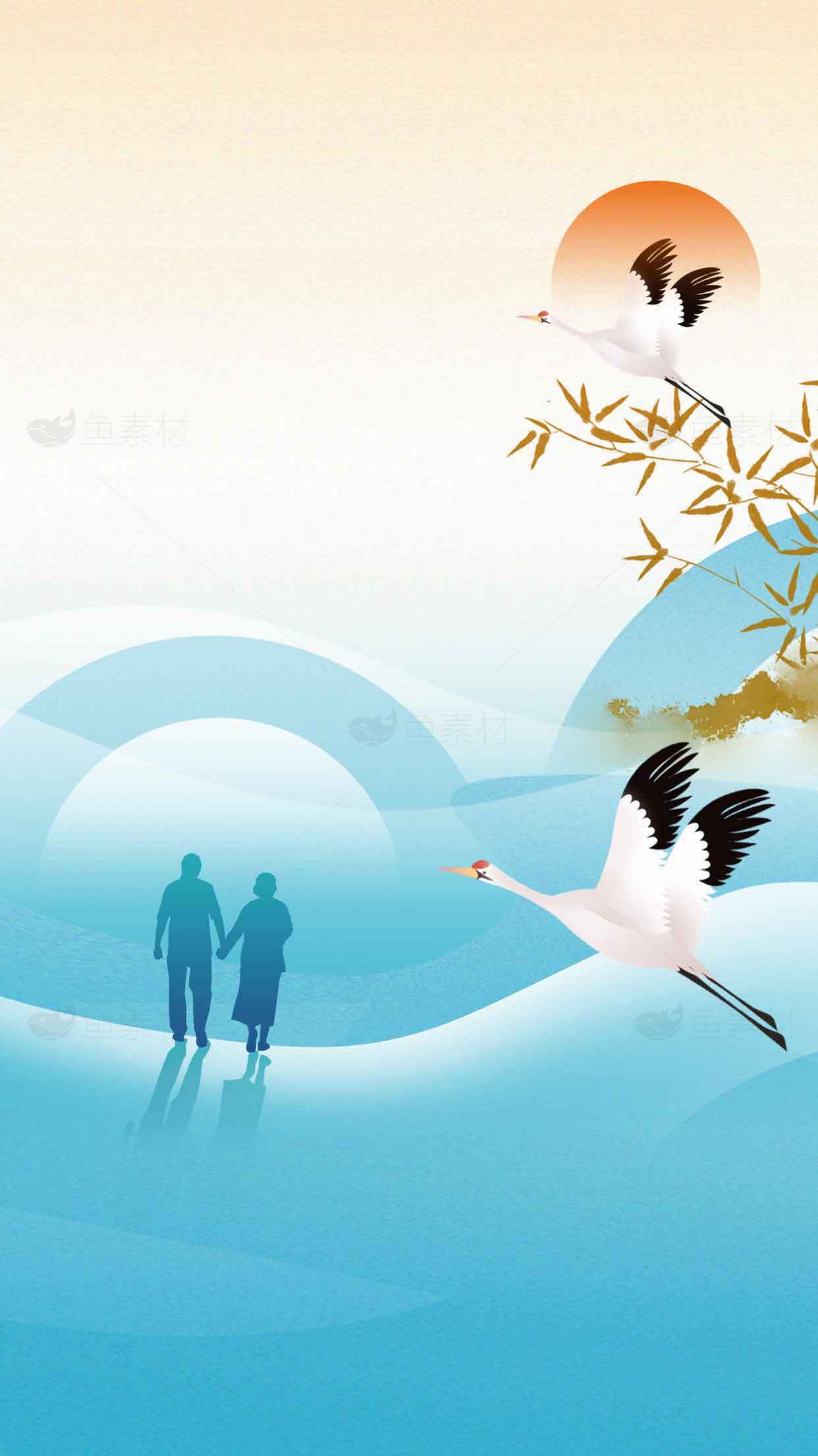 唯美国风山水画：夕阳下的鹤与情侣素材