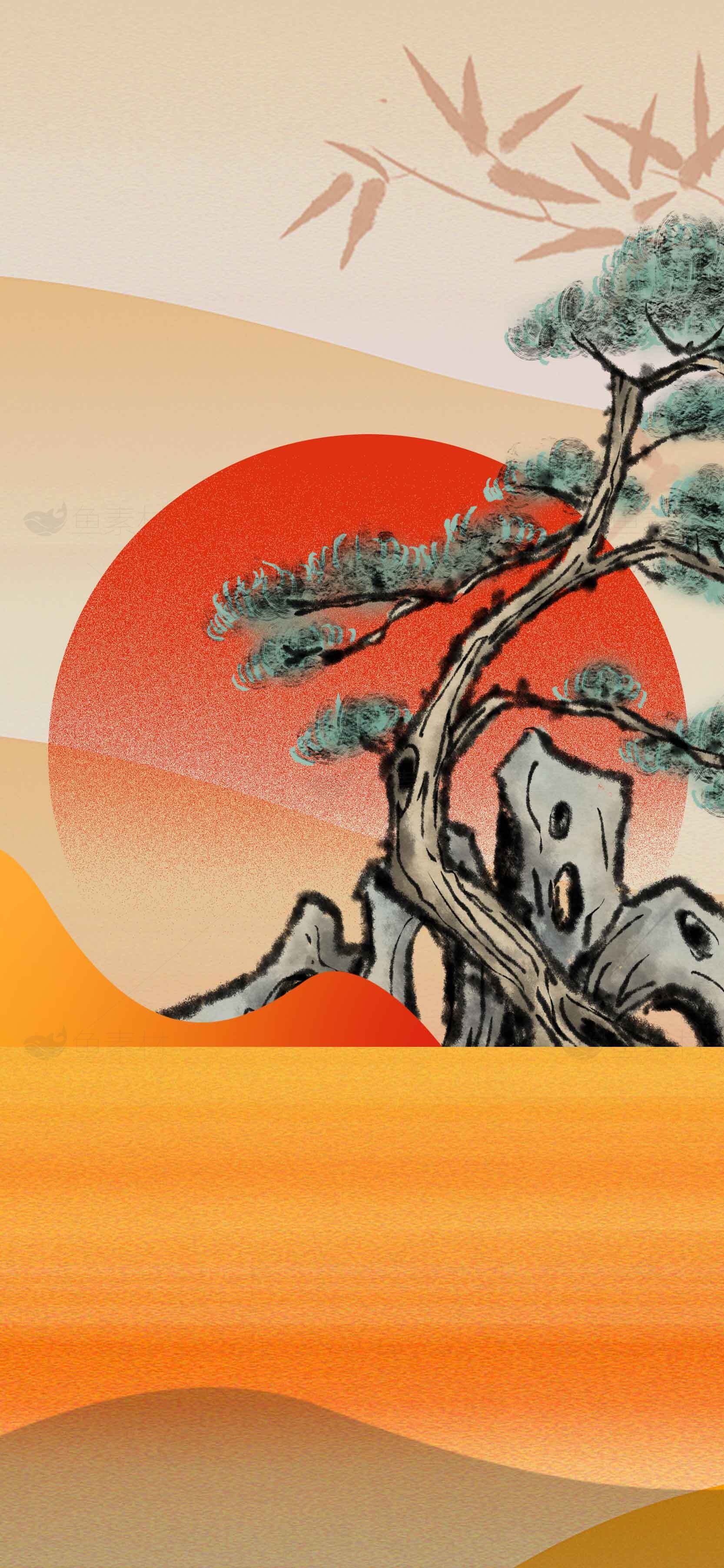 中国风水墨画红日松树背景图片素材