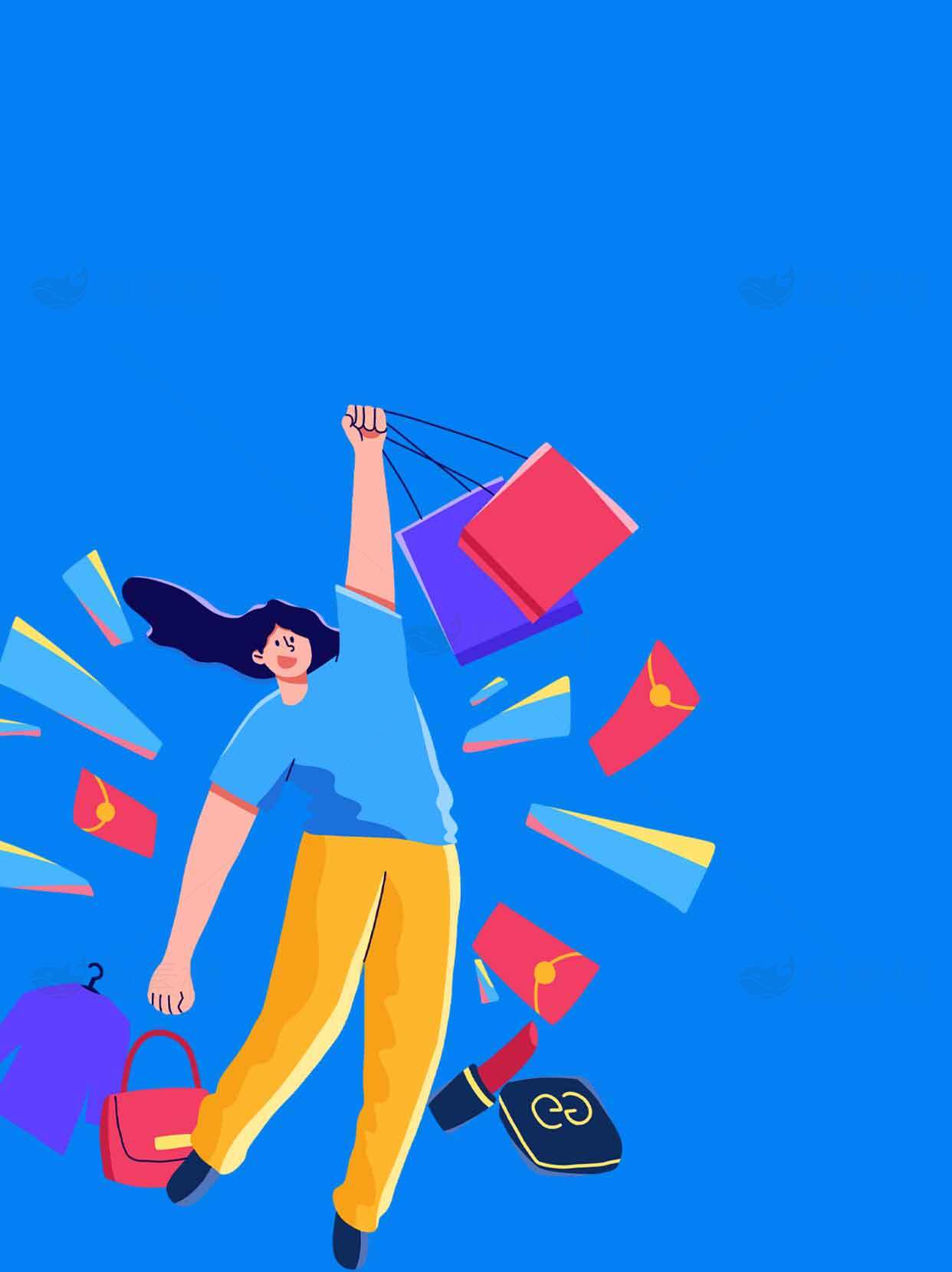 购物狂欢插画设计：蓝色背景与购物袋的完美结合素材