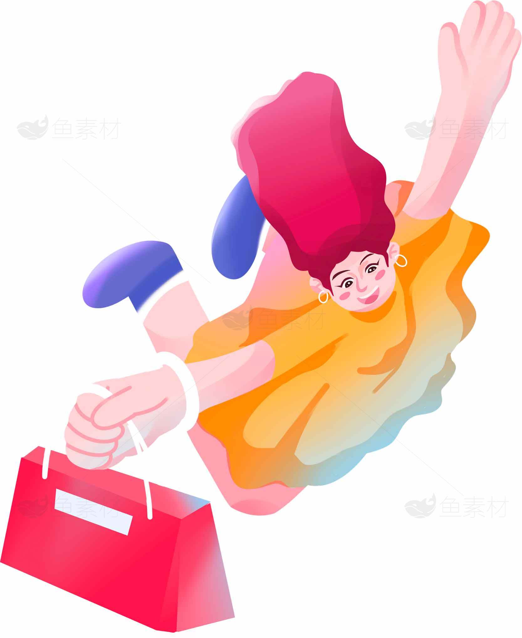 购物狂欢插画设计：飞跃购物袋的女孩素材