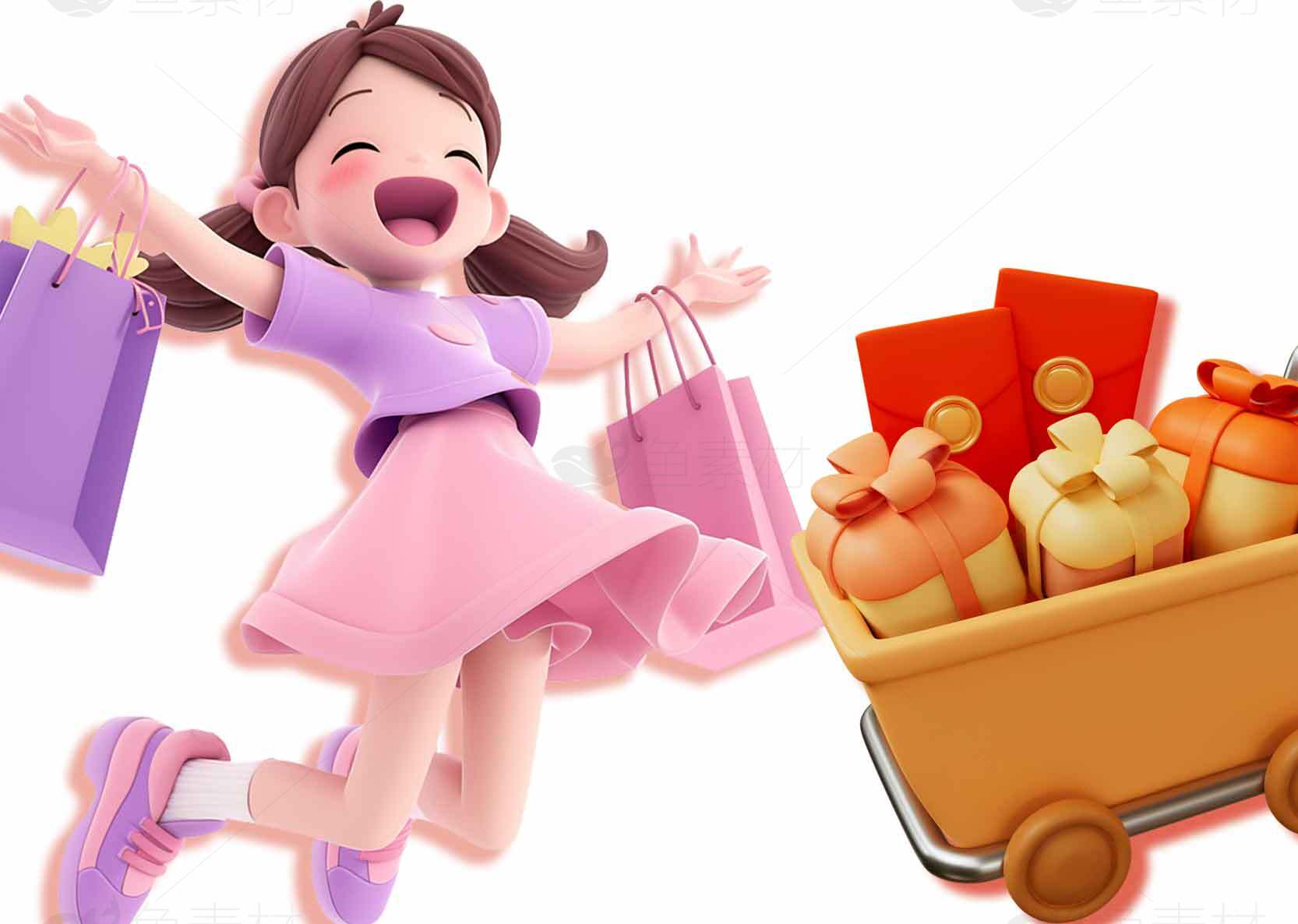 快乐购物女孩与礼物车插画素材