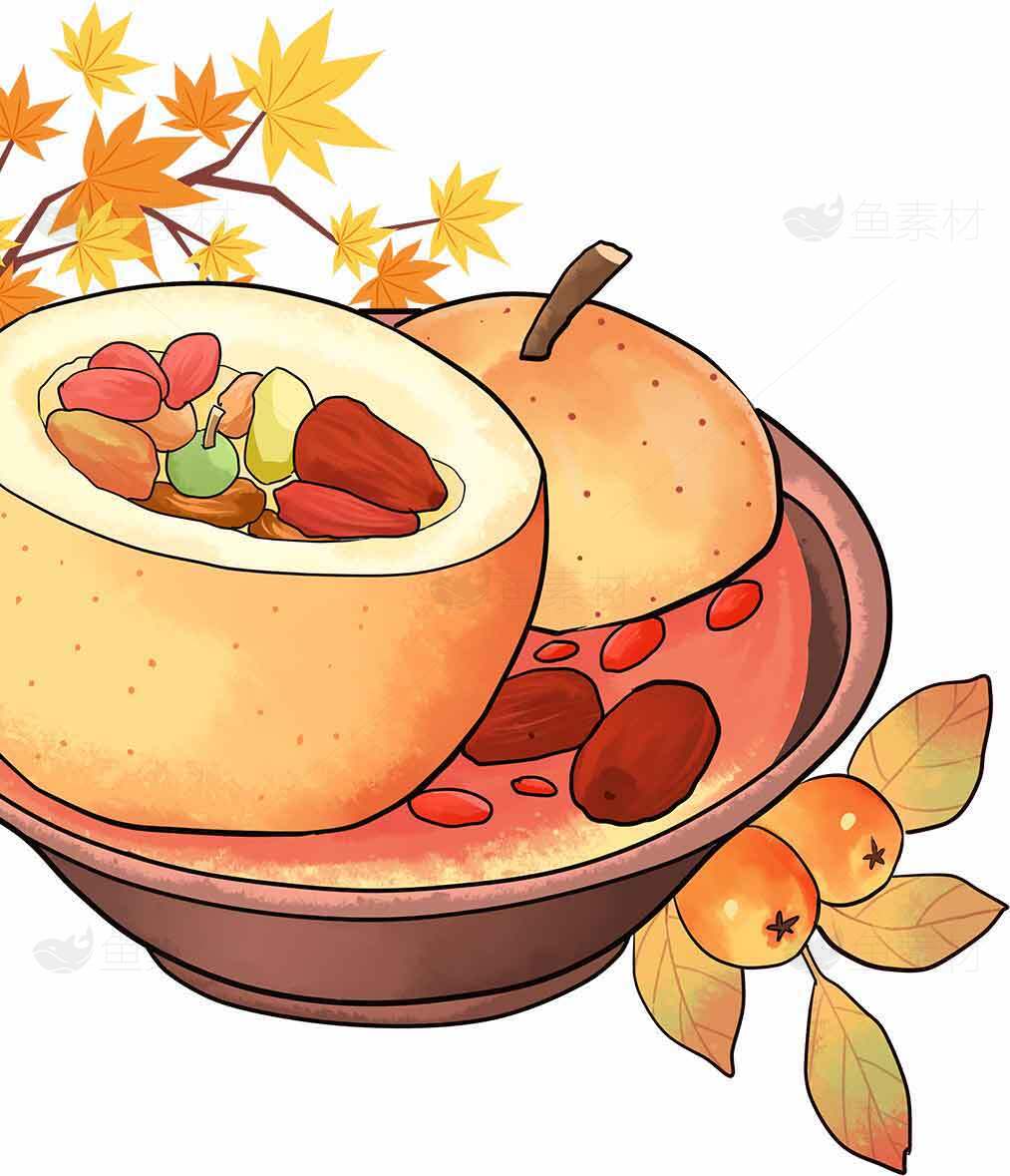 秋季养生甜品：冰糖炖雪梨插画素材