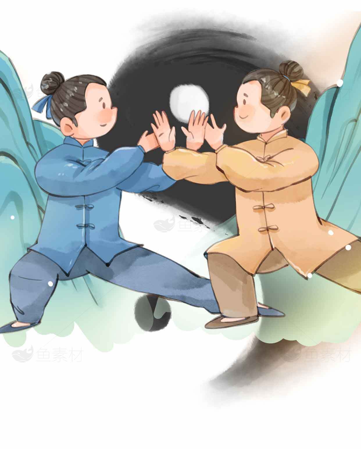 太极武术插画：传统文化与和谐之美素材