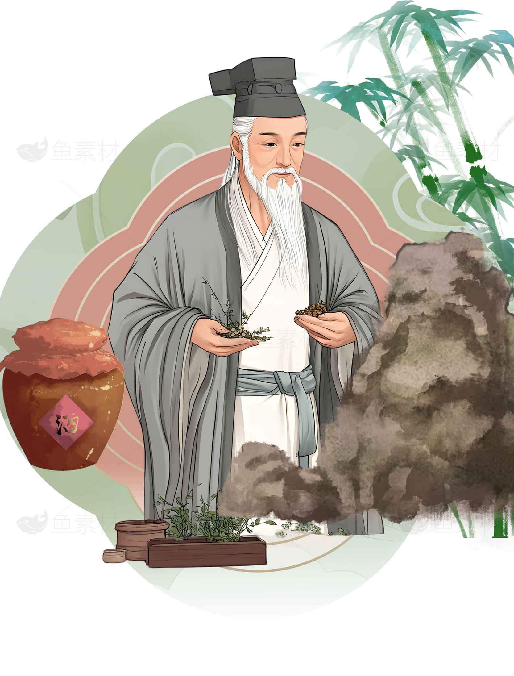 中医药文化插画：传统草药与竹林背景素材
