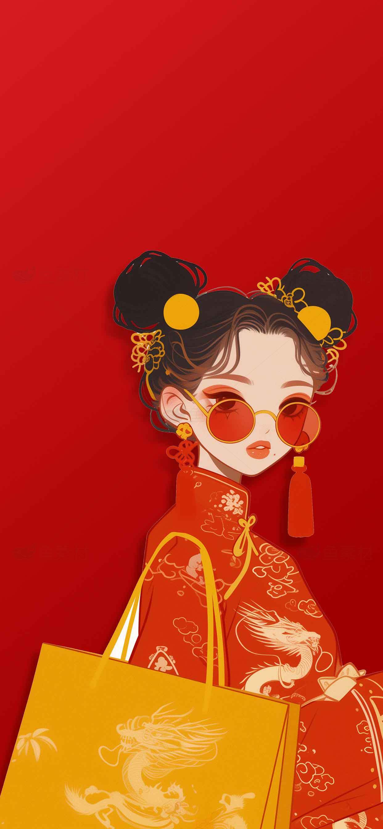 中国传统服饰与红色背景的艺术插画素材