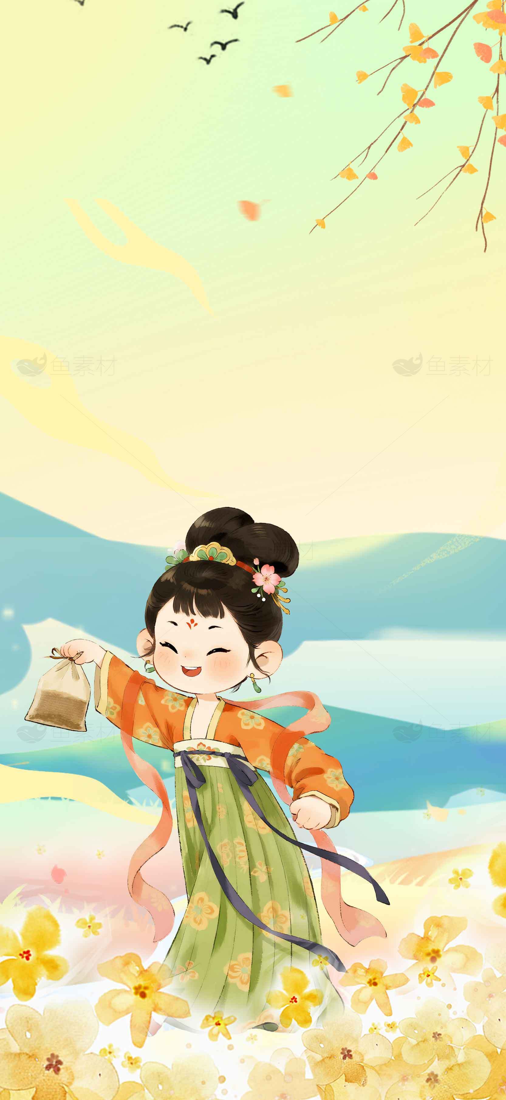 古风插画少女与春日花海唯美场景素材