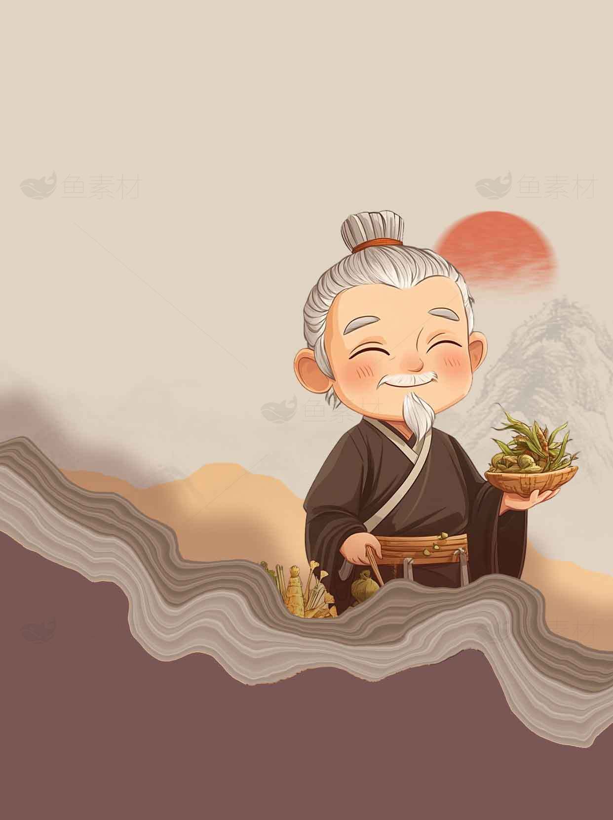 中国传统文化插画：山水与老者素材