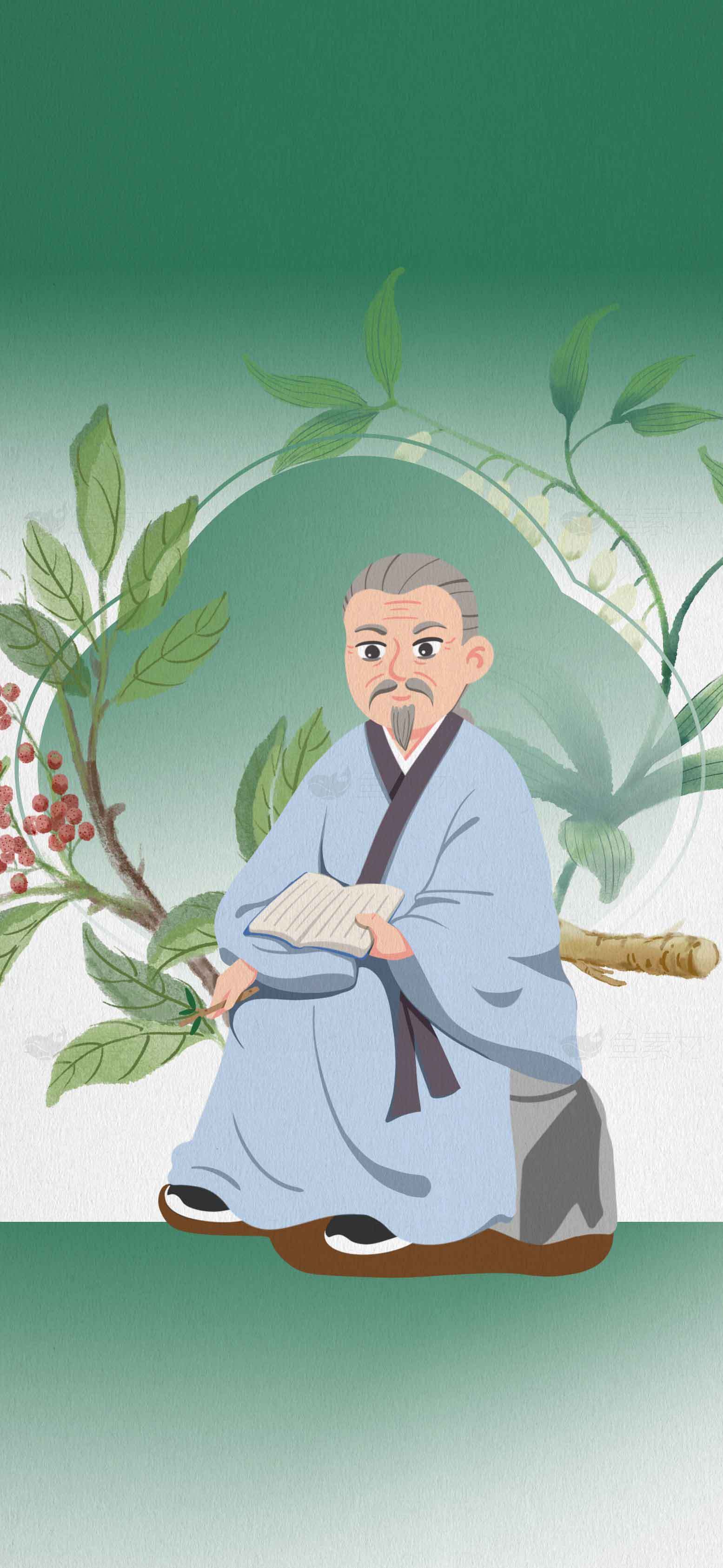 古风插画：读书的儒雅人物与自然背景素材