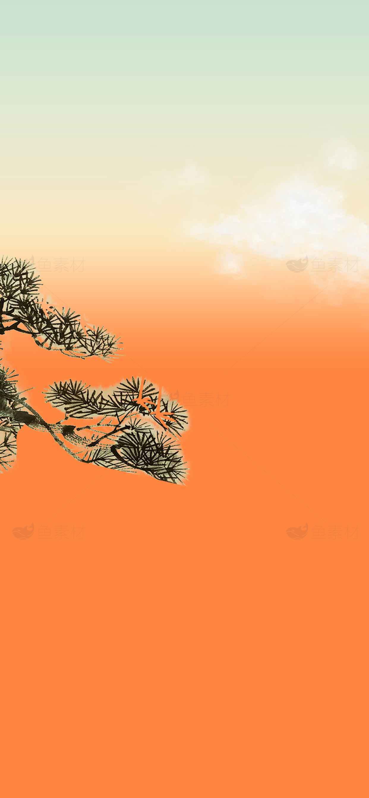 夕阳下的松树剪影唯美壁纸素材