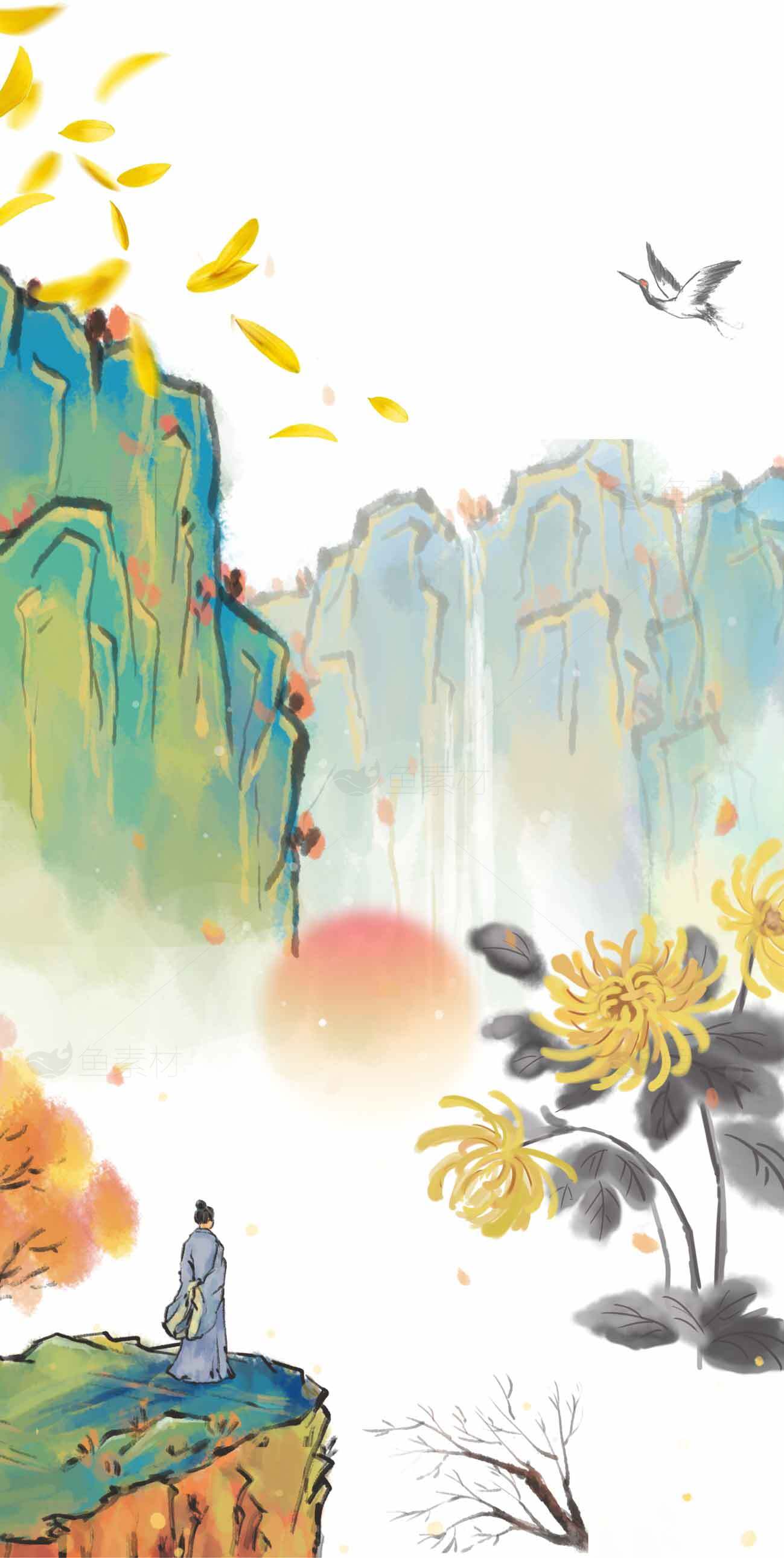 国风山水意境插画：秋日山川与菊花素材