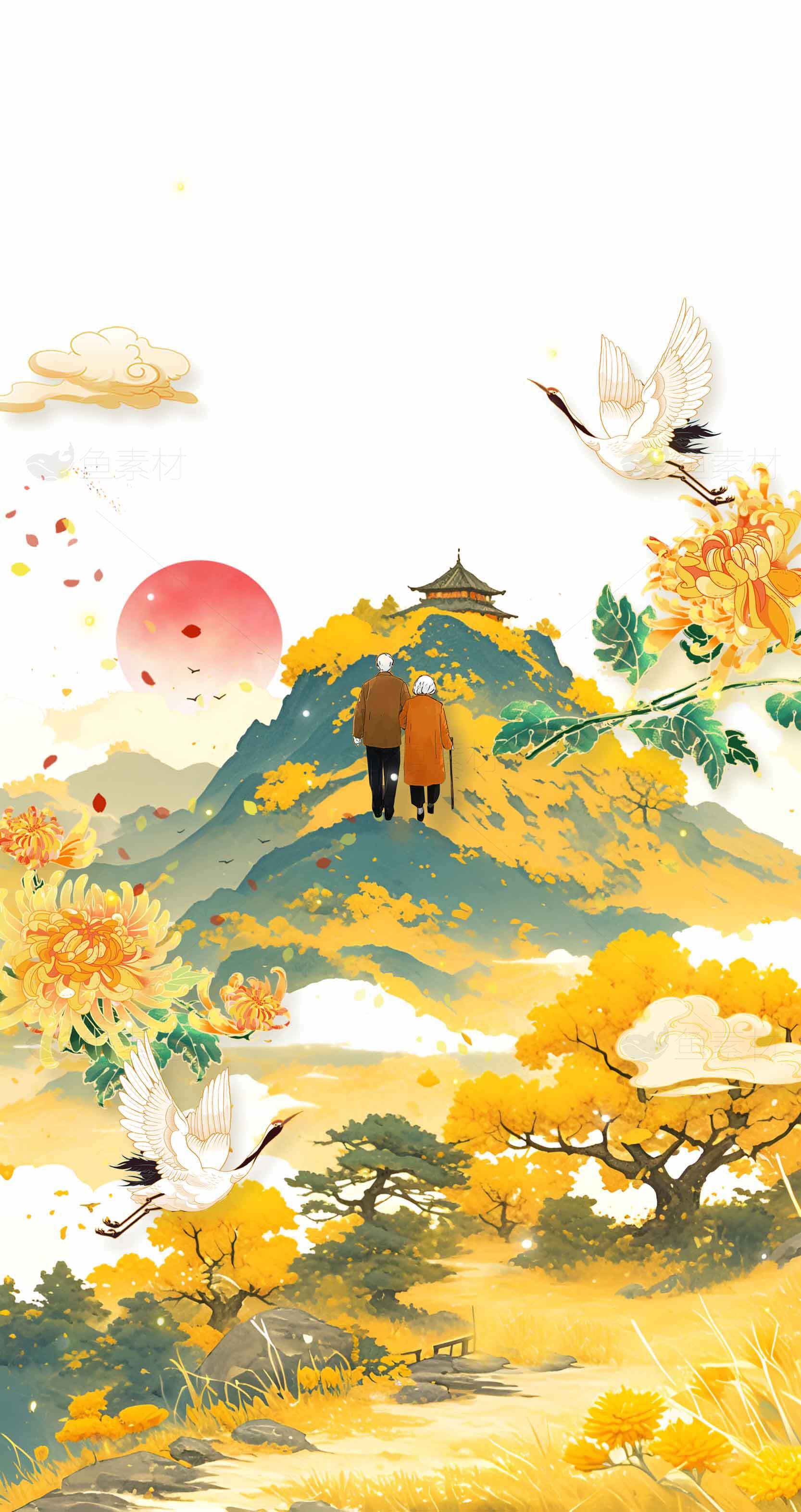 唯美中国风山水画：金秋鹤舞与情侣漫步素材