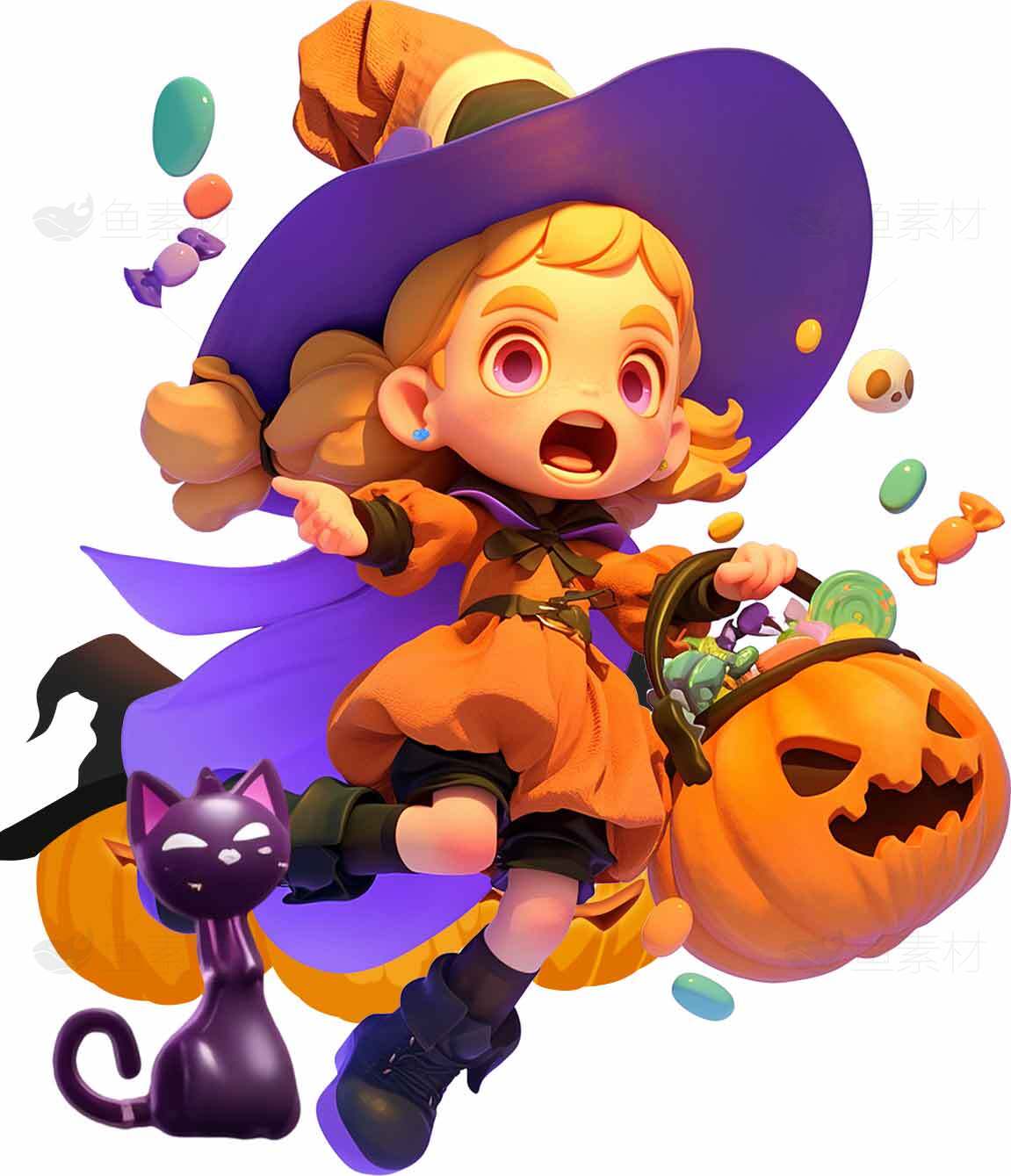 万圣节可爱女巫与南瓜装饰插画素材
