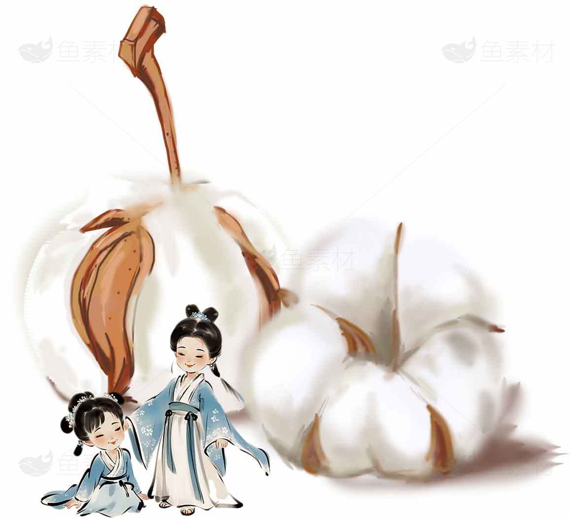 古风卡通人物与棉花插画设计素材