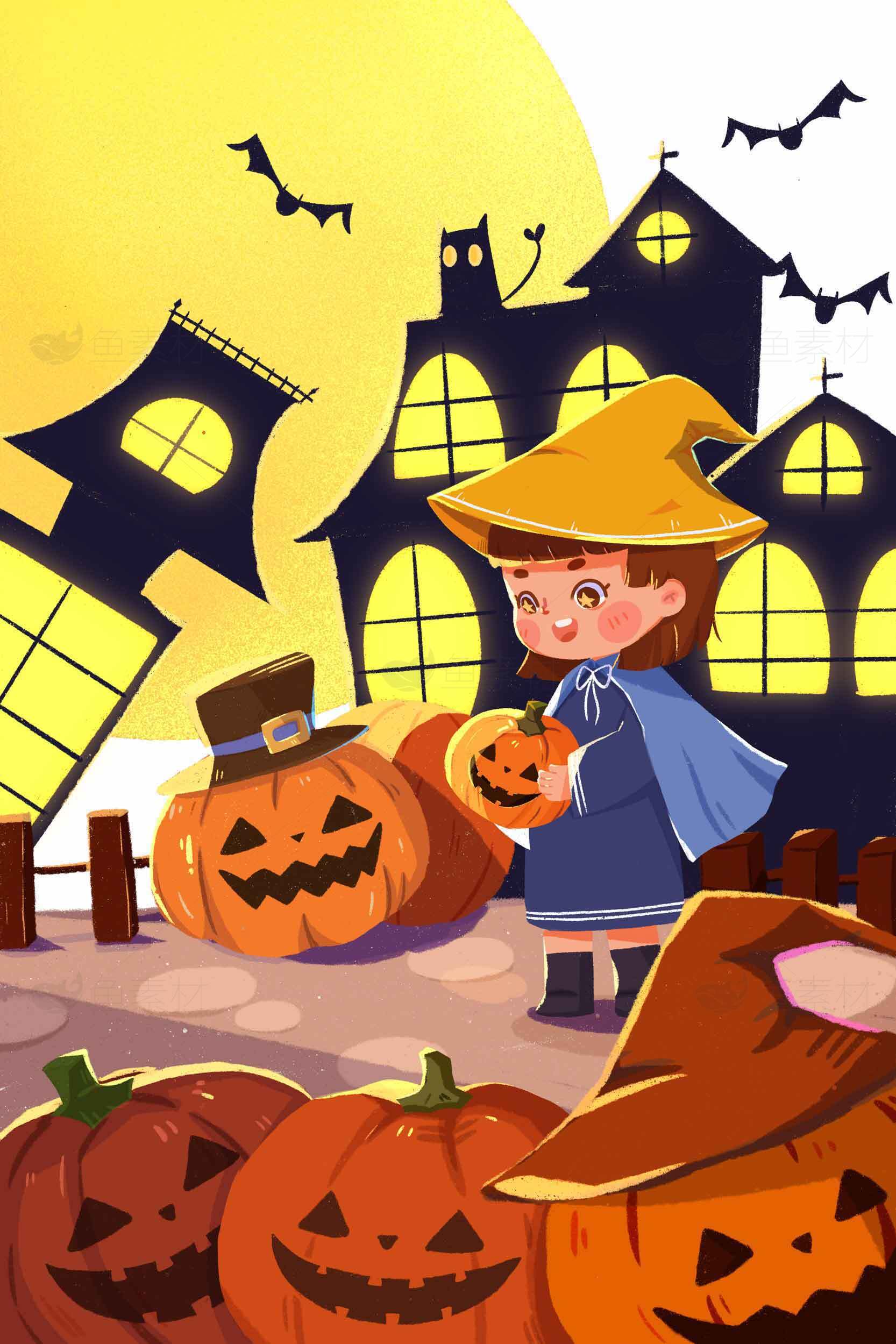万圣节巫师与南瓜主题插画素材