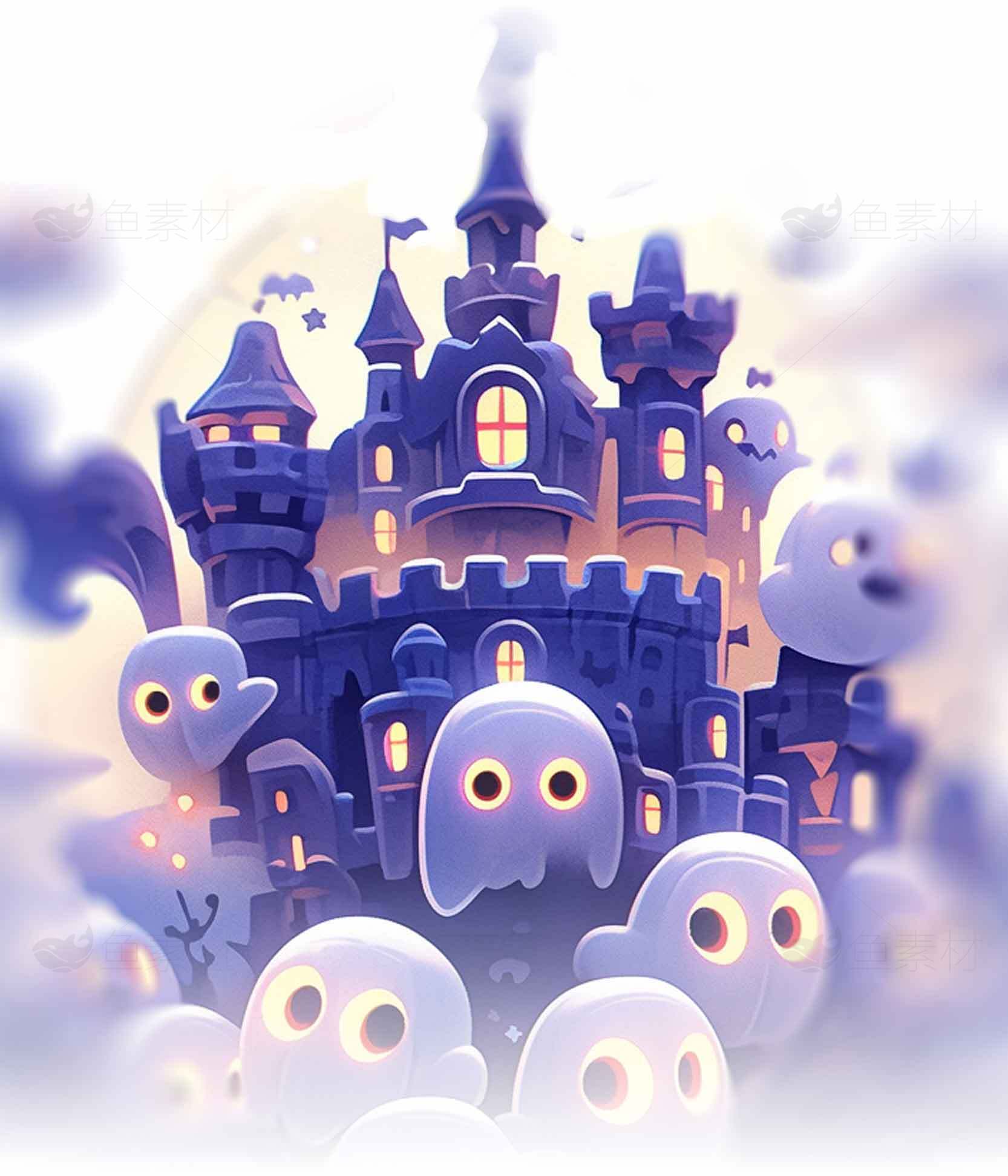 幽灵城堡插画-万圣节主题设计素材