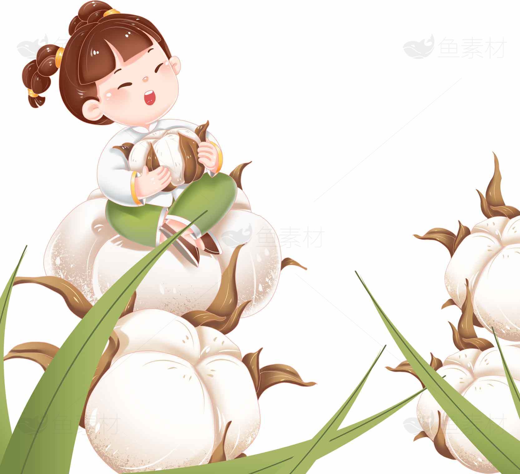 可爱女孩与棉花田插画设计素材