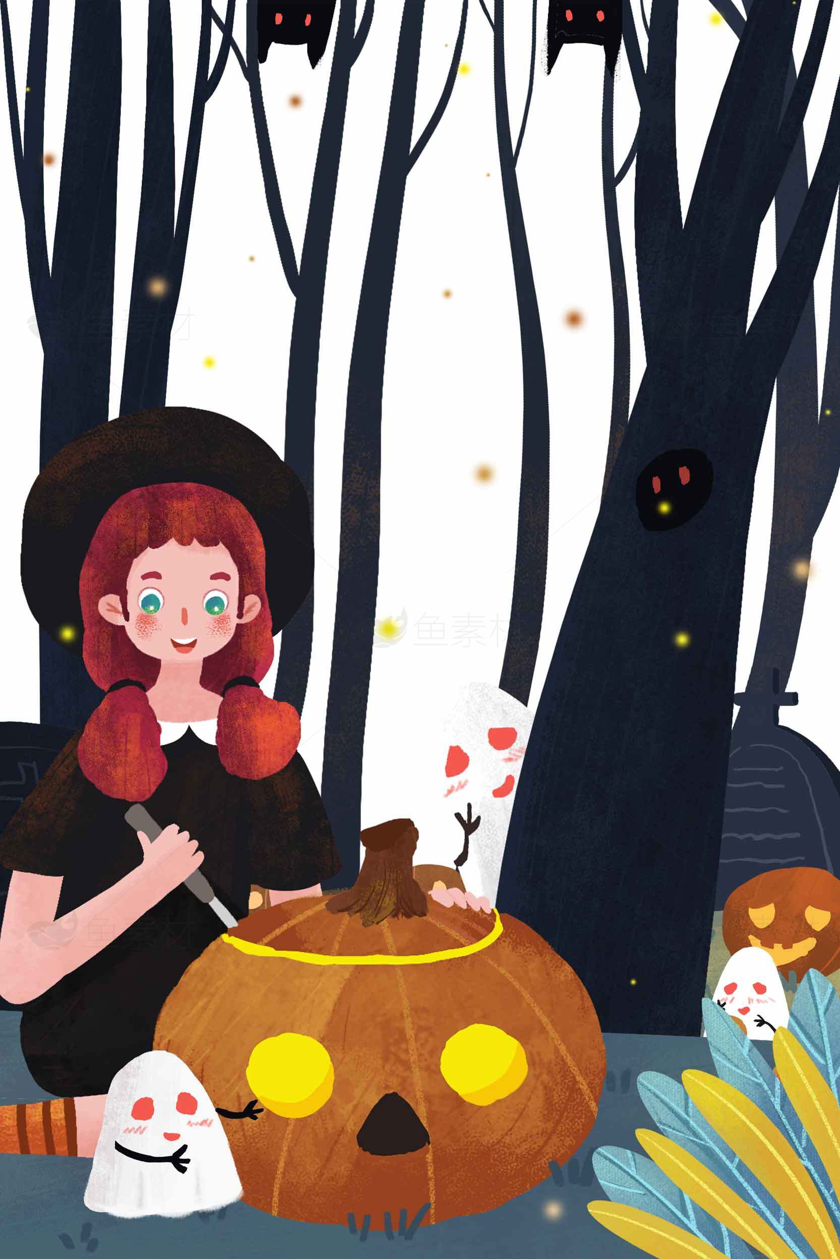 万圣节南瓜雕刻与森林幽灵插画素材