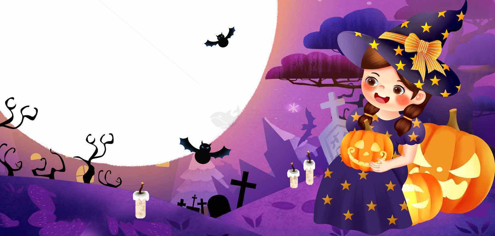 万圣节可爱女巫与南瓜插画背景素材