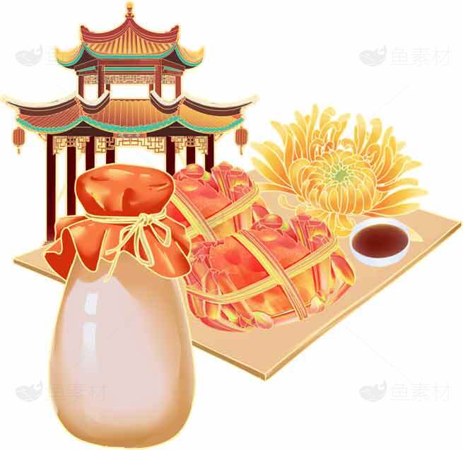 螃蟹菊花亭子插图：传统美食与文化的完美结合素材