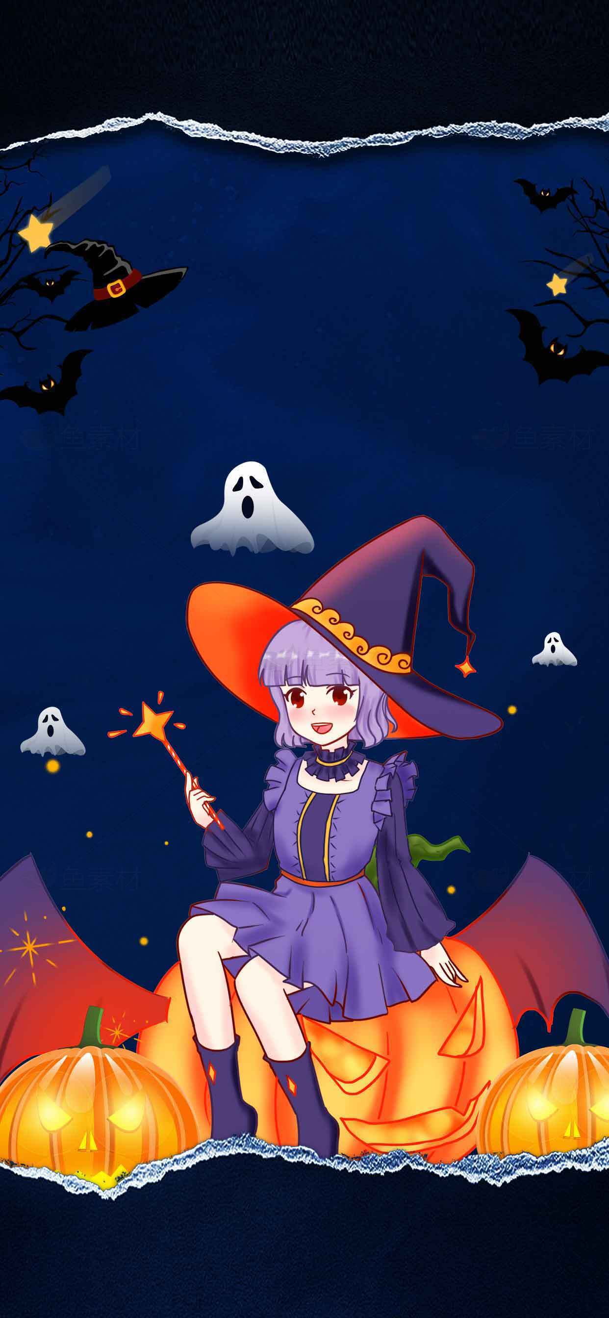 万圣节南瓜与女巫插画背景，可爱风设计素材