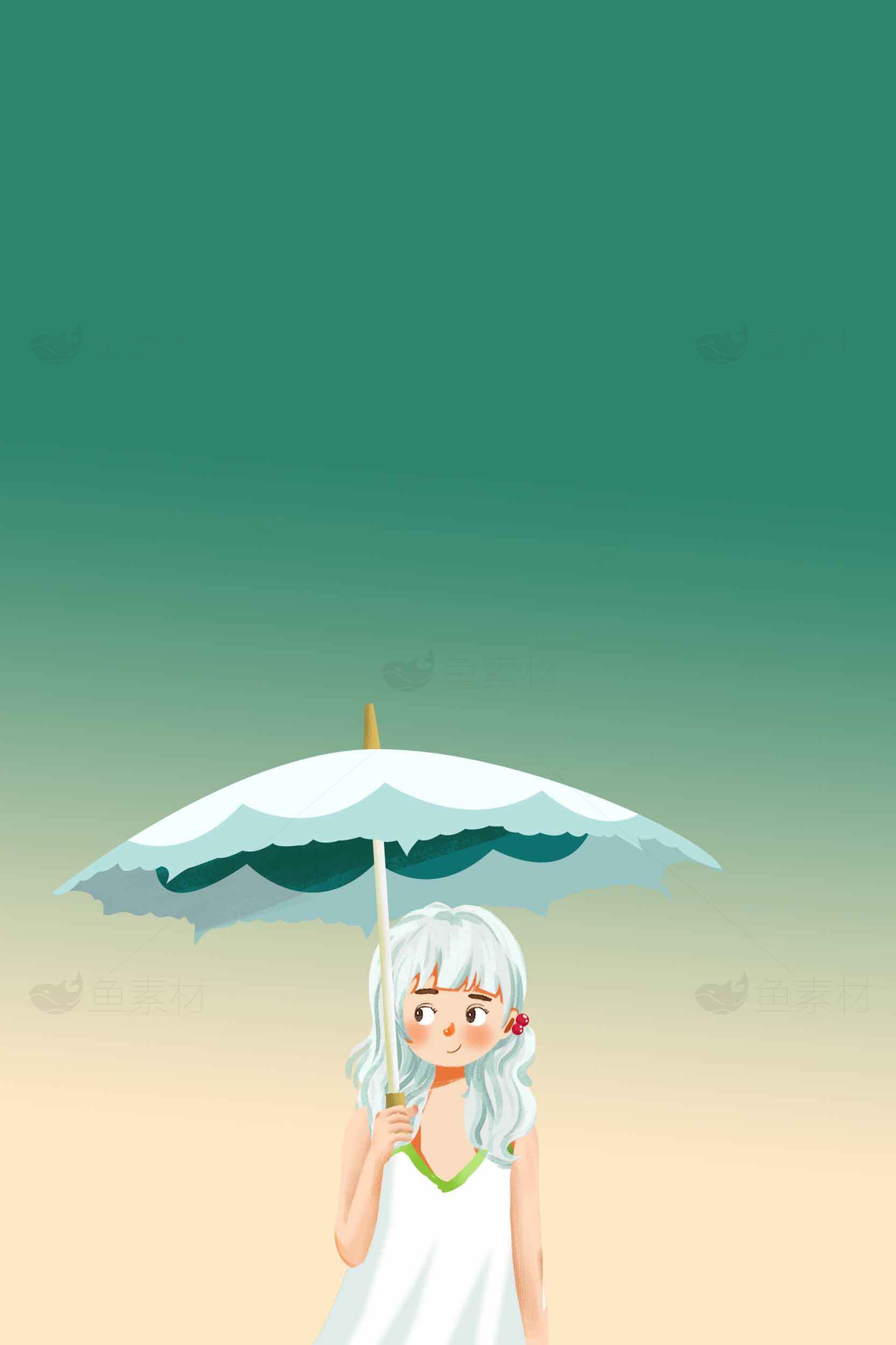 夏日清新插画：女孩与白色阳伞素材