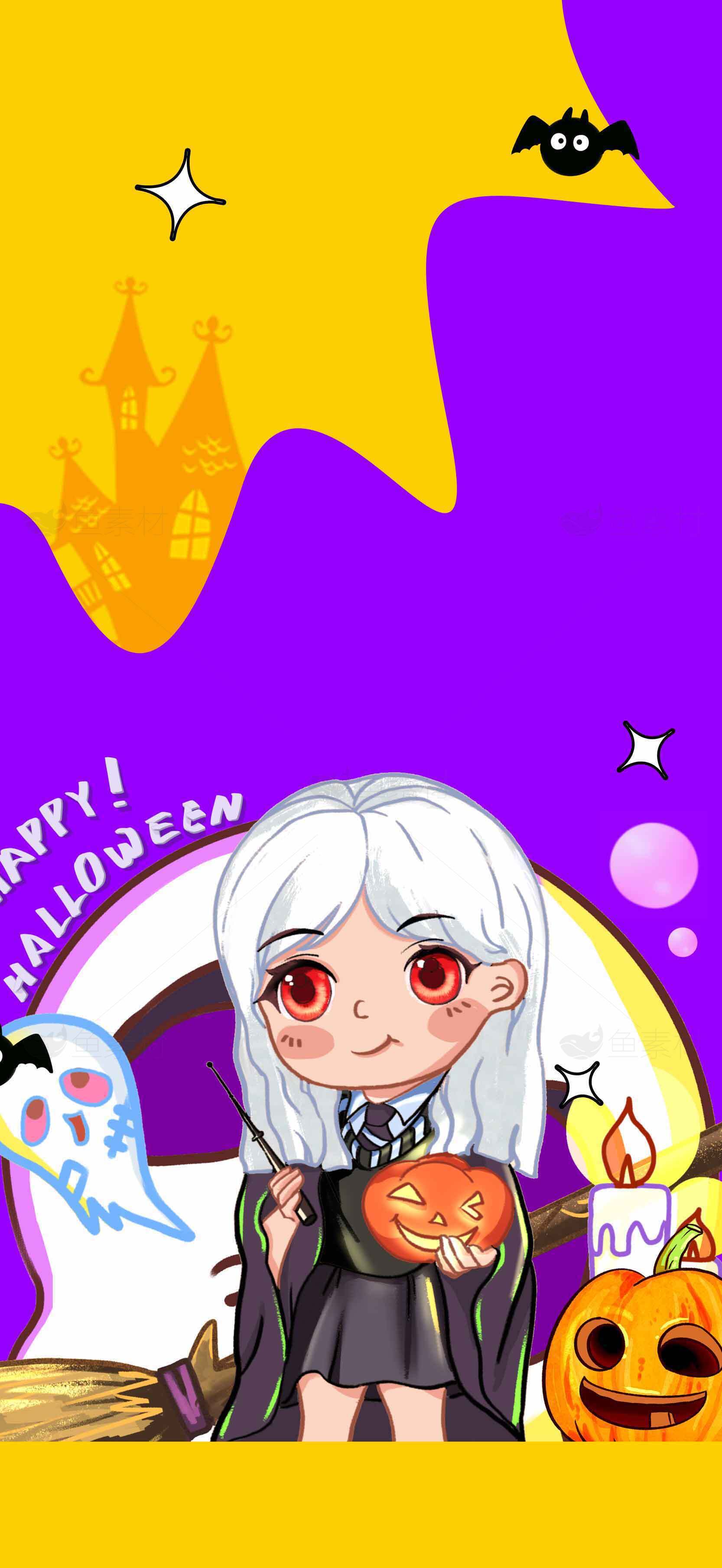 可爱万圣节插画：紫色背景与南瓜装饰素材