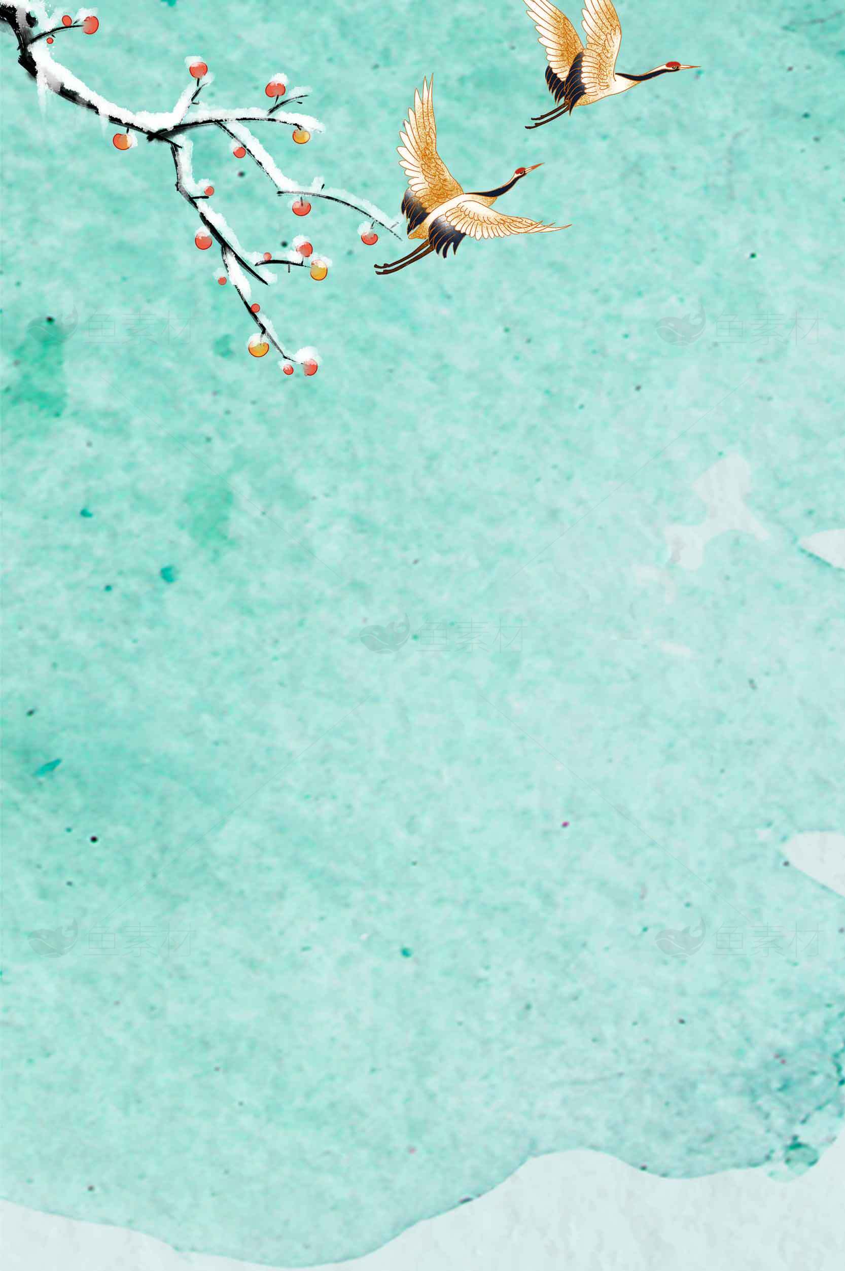 唯美水墨风格背景图片-仙鹤与梅花意境素材