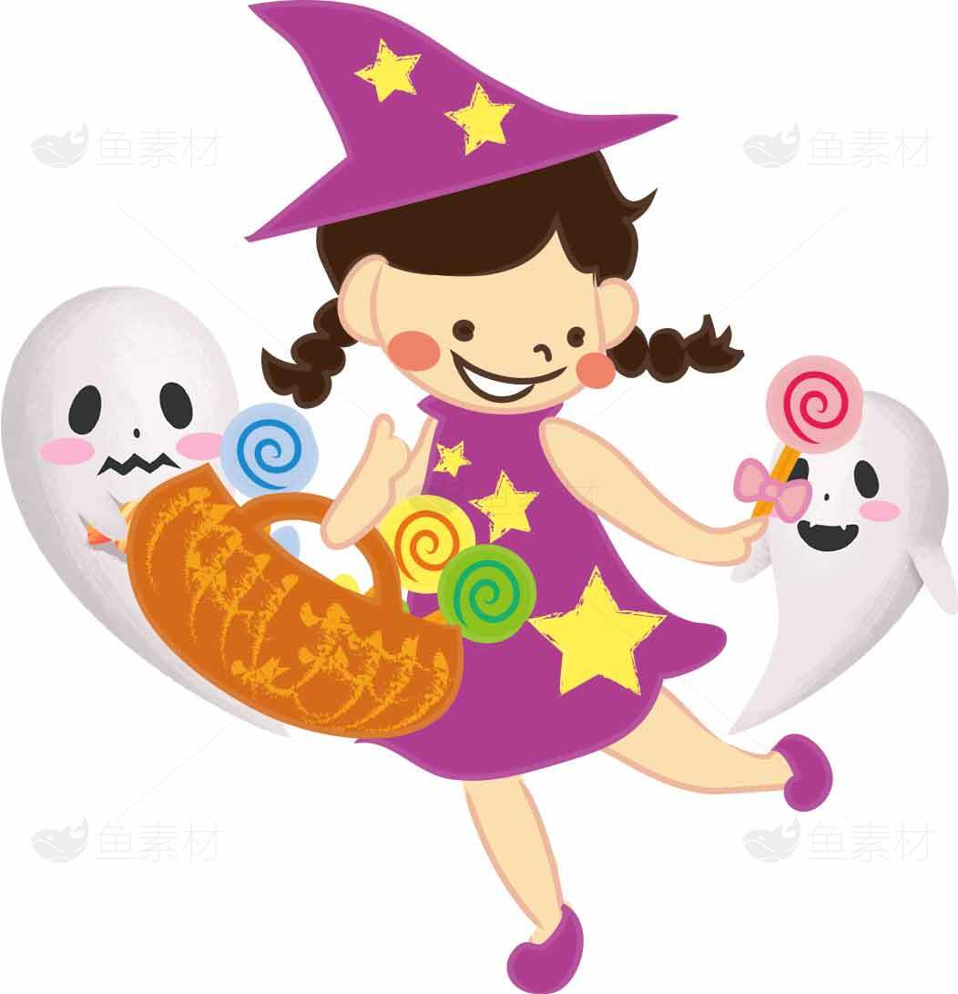 万圣节可爱女巫与幽灵插画素材