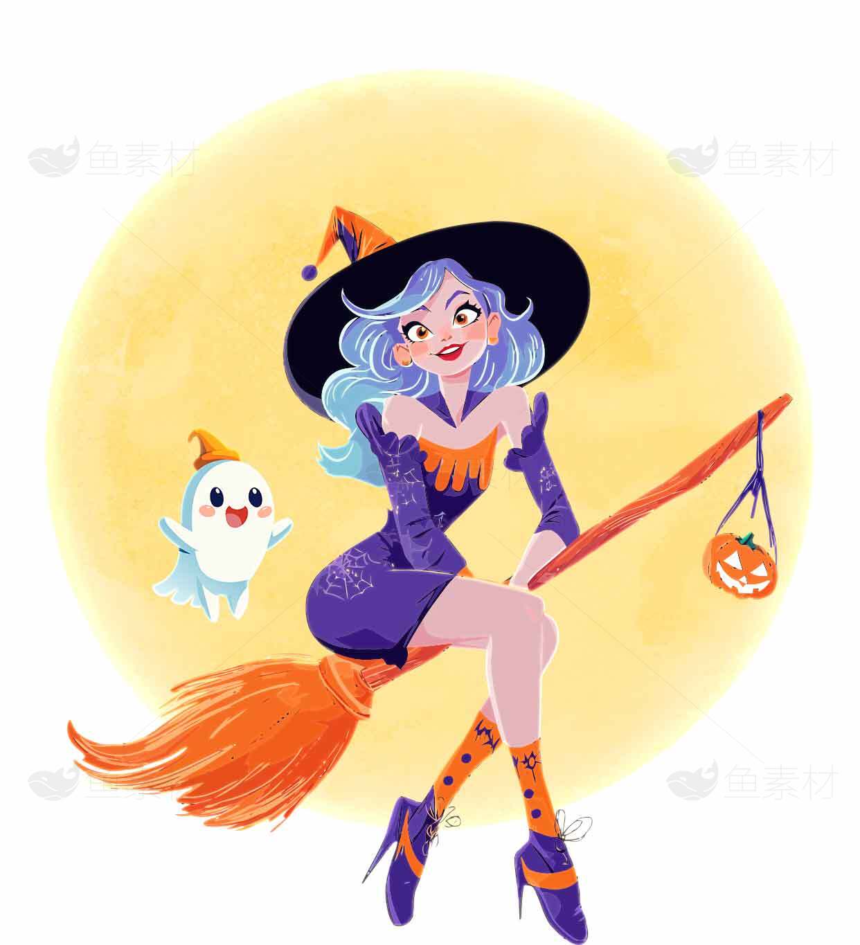 万圣节女巫插画：可爱幽灵与扫帚飞行素材