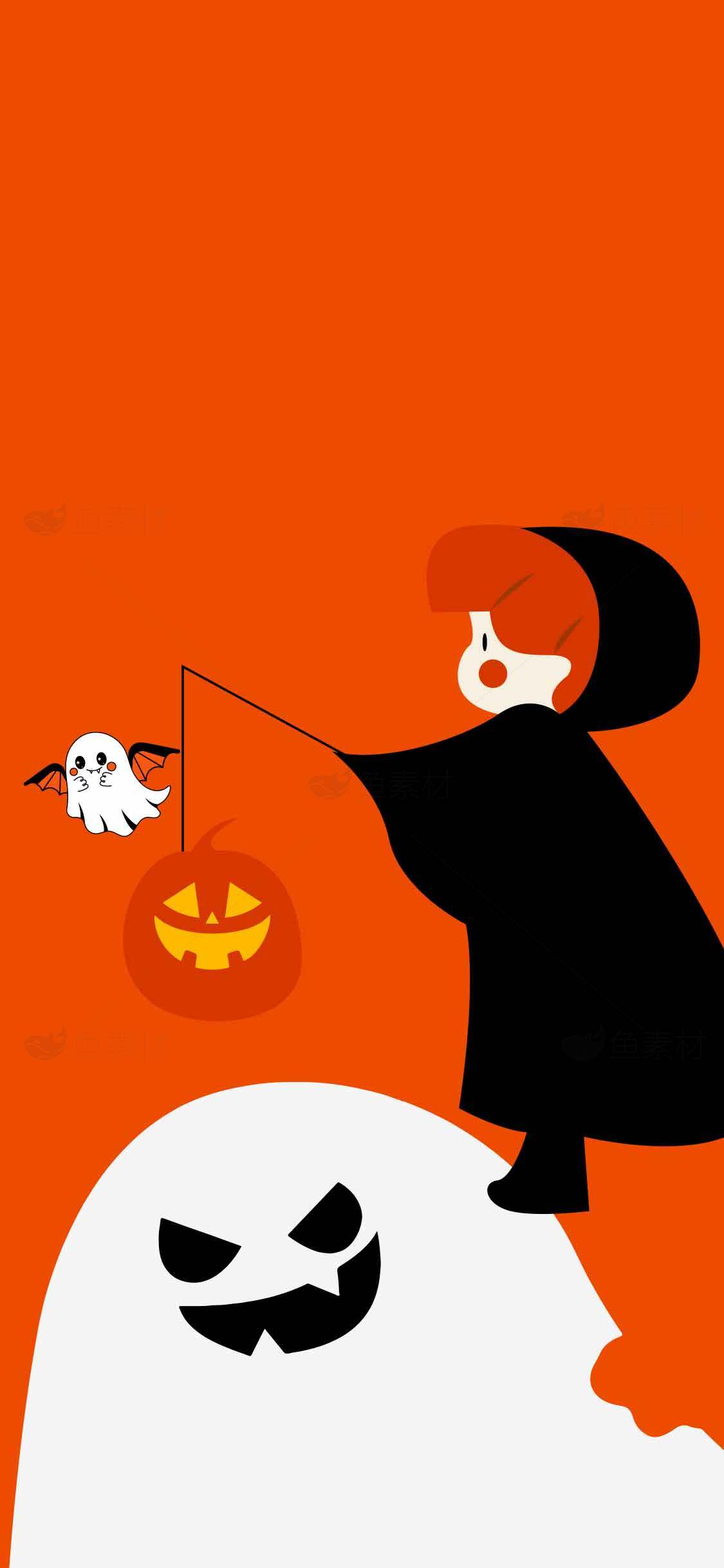 万圣节创意插画：南瓜灯与幽灵的奇妙夜素材