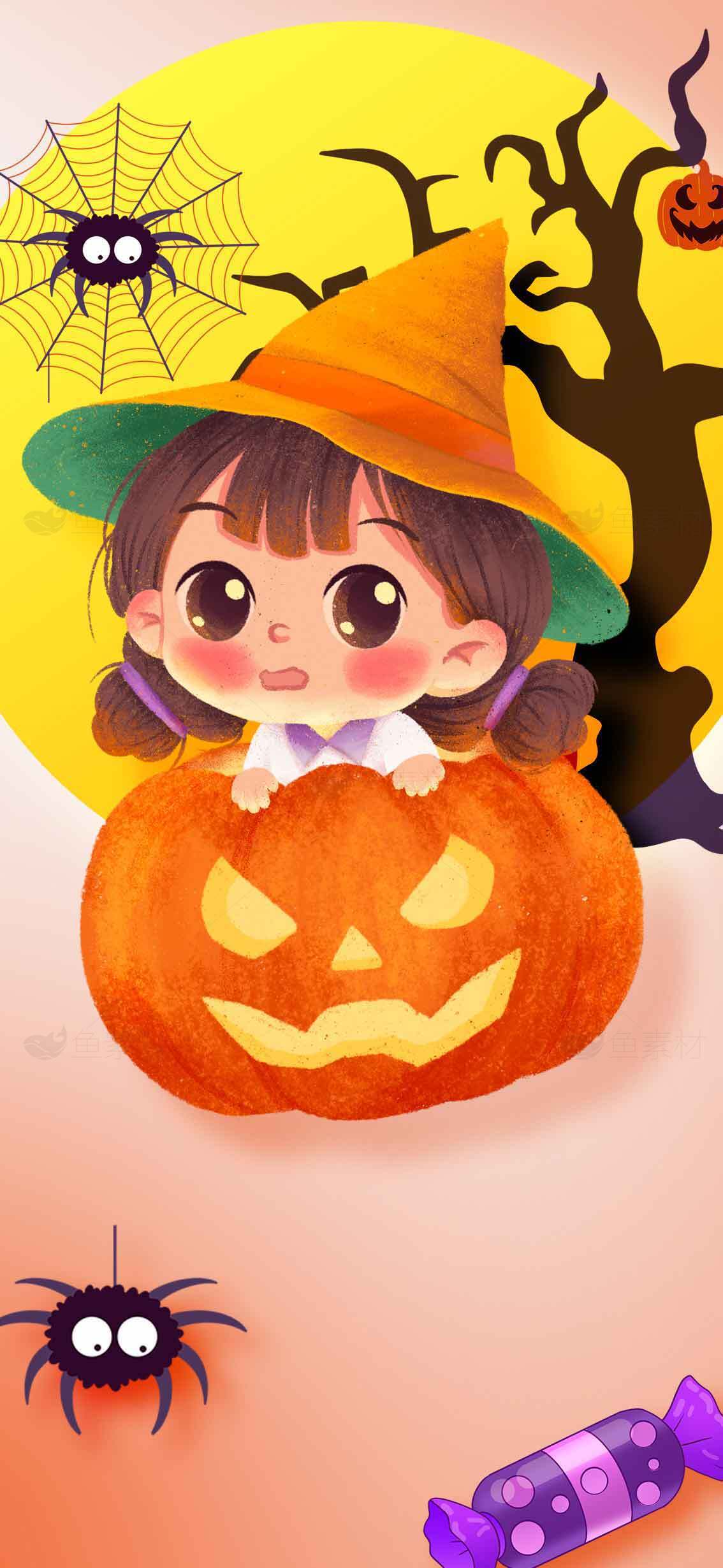 万圣节卡通女巫与南瓜插画设计素材