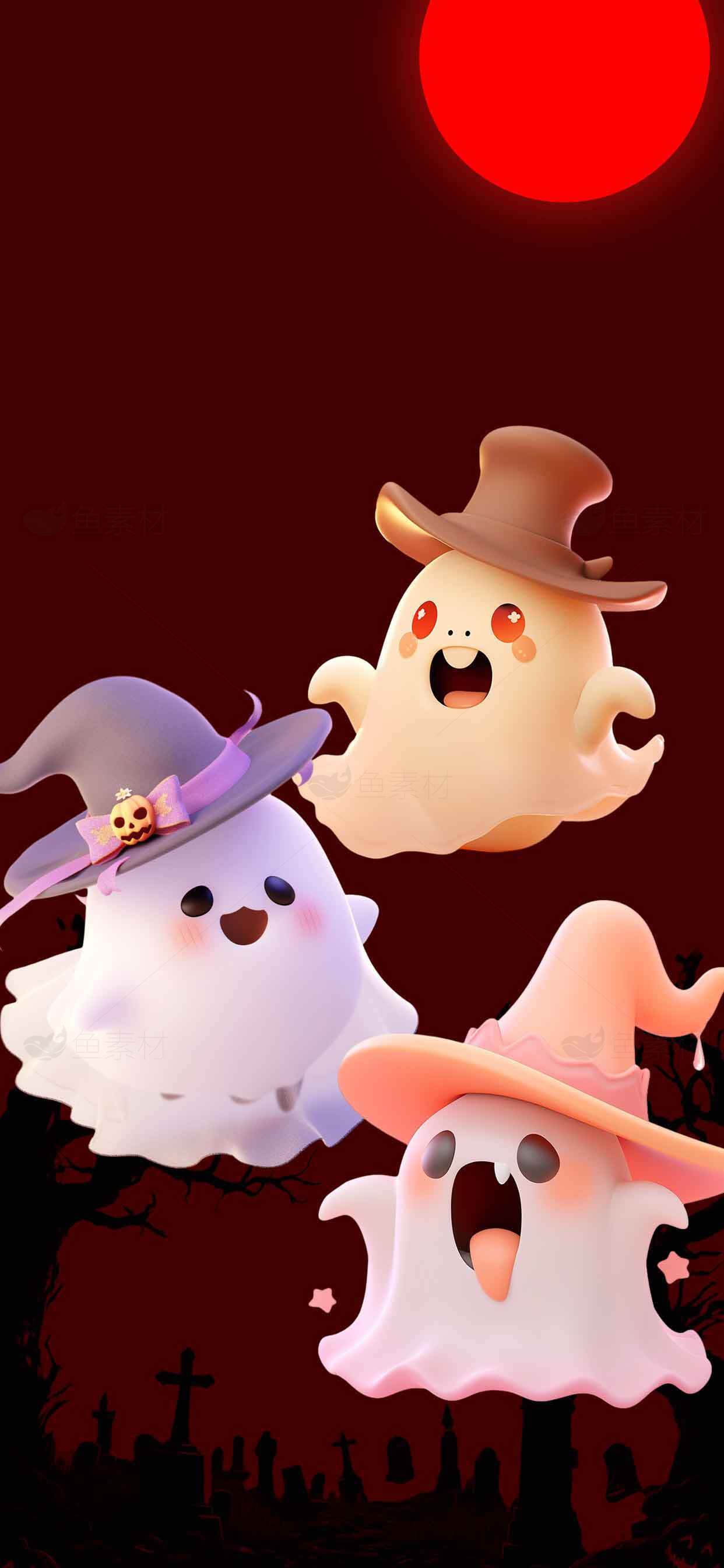 万圣节可爱幽灵插画：红月夜下的萌系鬼怪素材