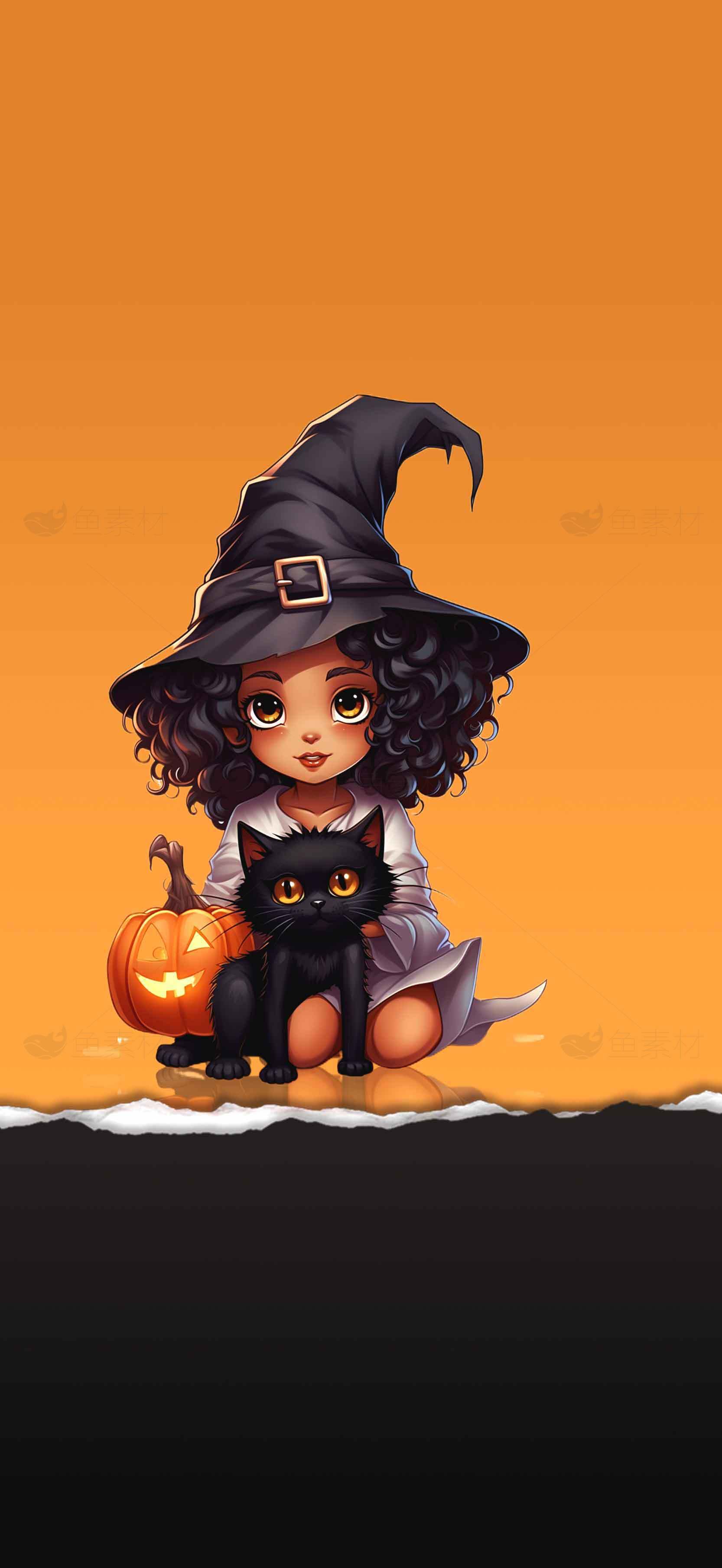 可爱万圣节女巫与黑猫插画素材
