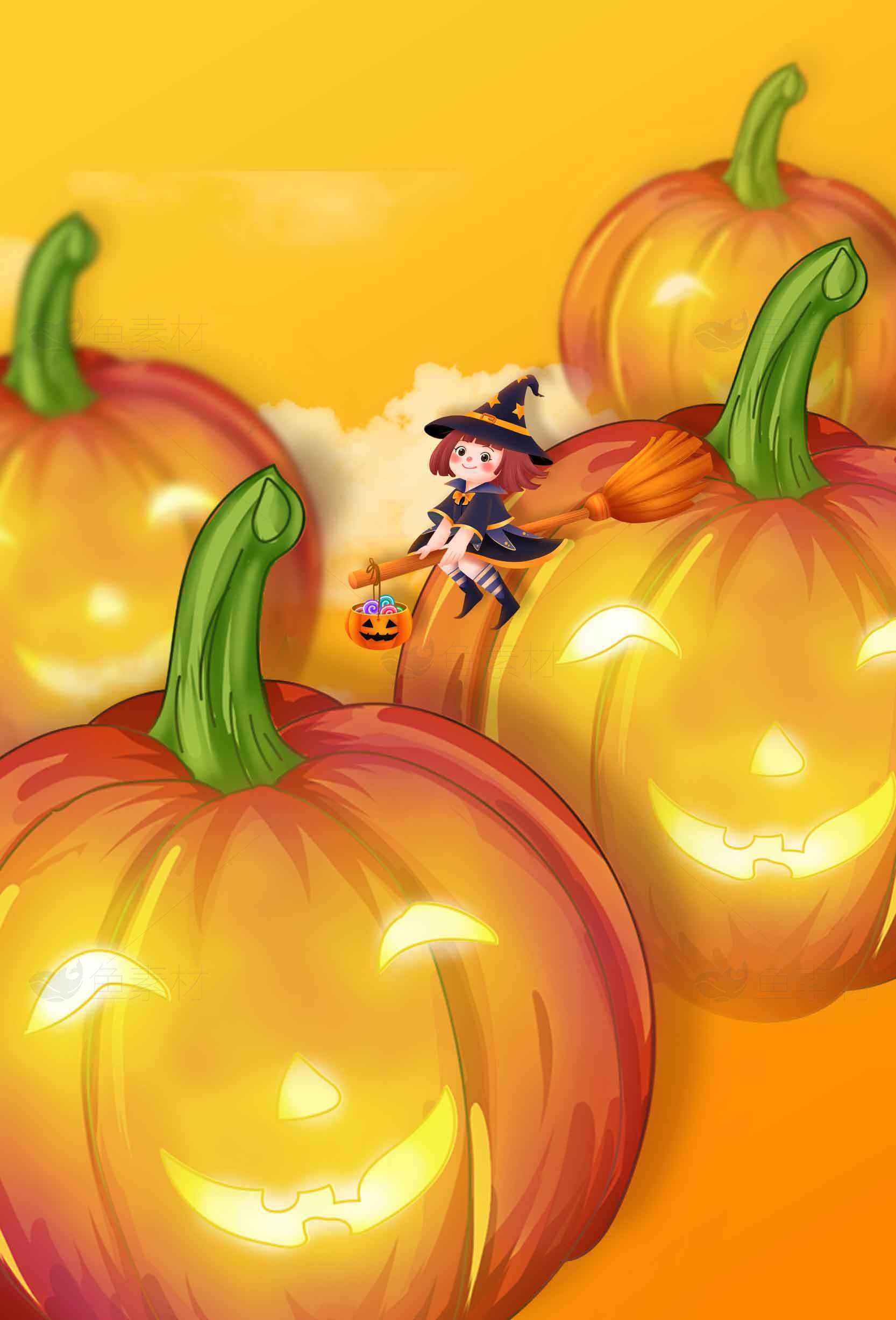 万圣节南瓜灯与小女巫插画设计素材