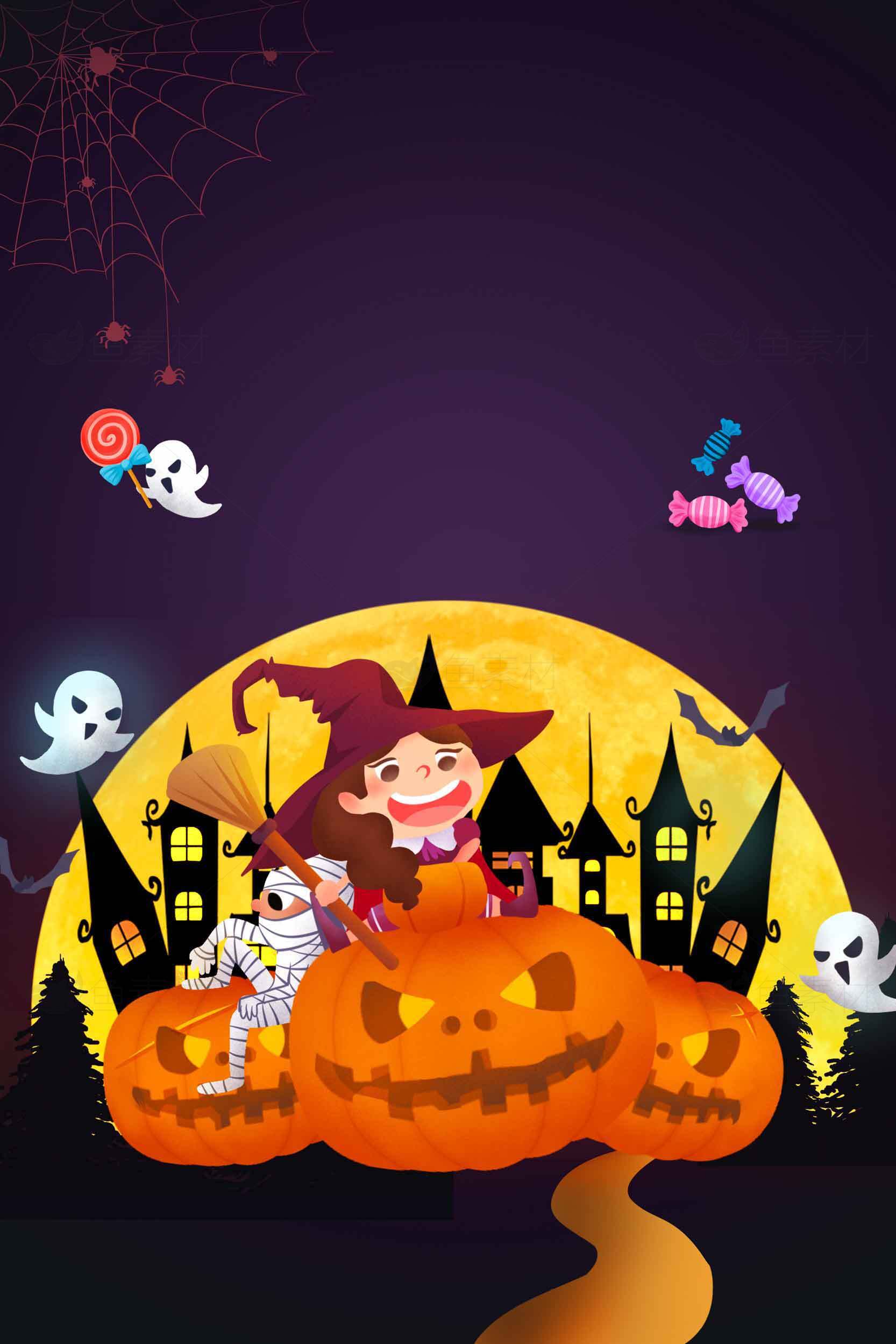 万圣节主题插画：南瓜与女巫设计素材