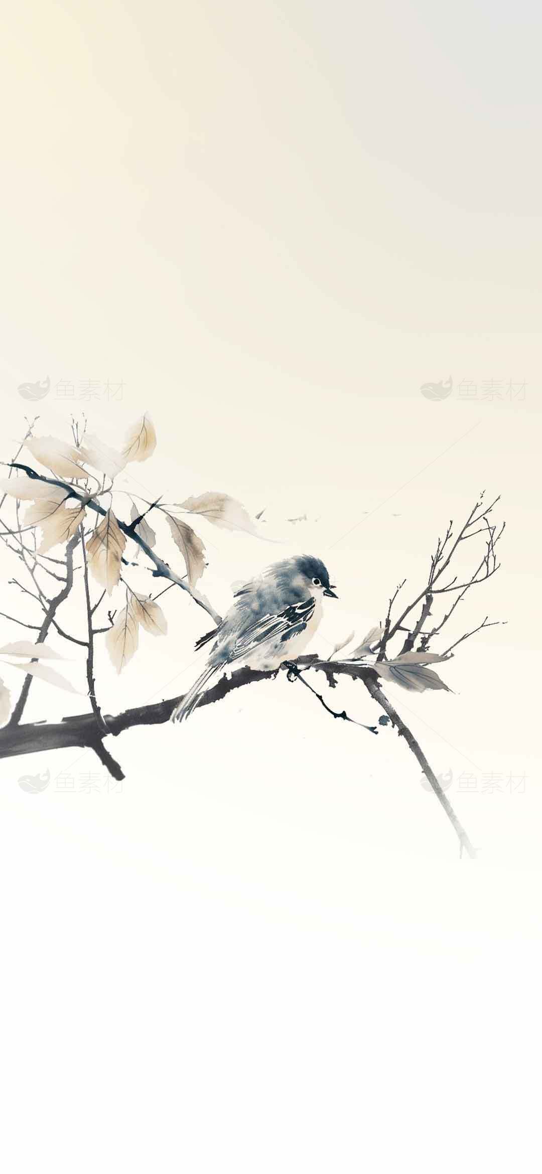 唯美水墨风小鸟枝头图素材