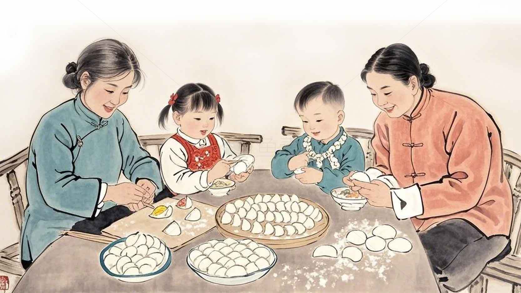 家庭团聚包饺子场景插画素材