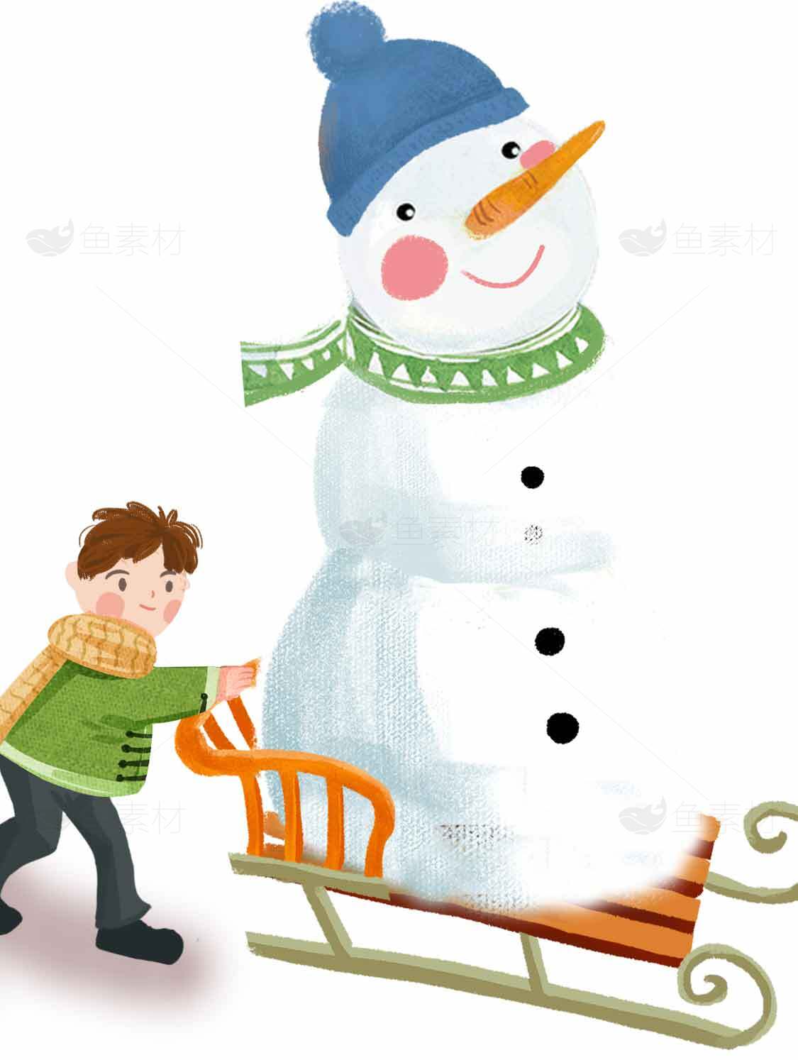 冬季雪人与孩子的欢乐时光插画素材