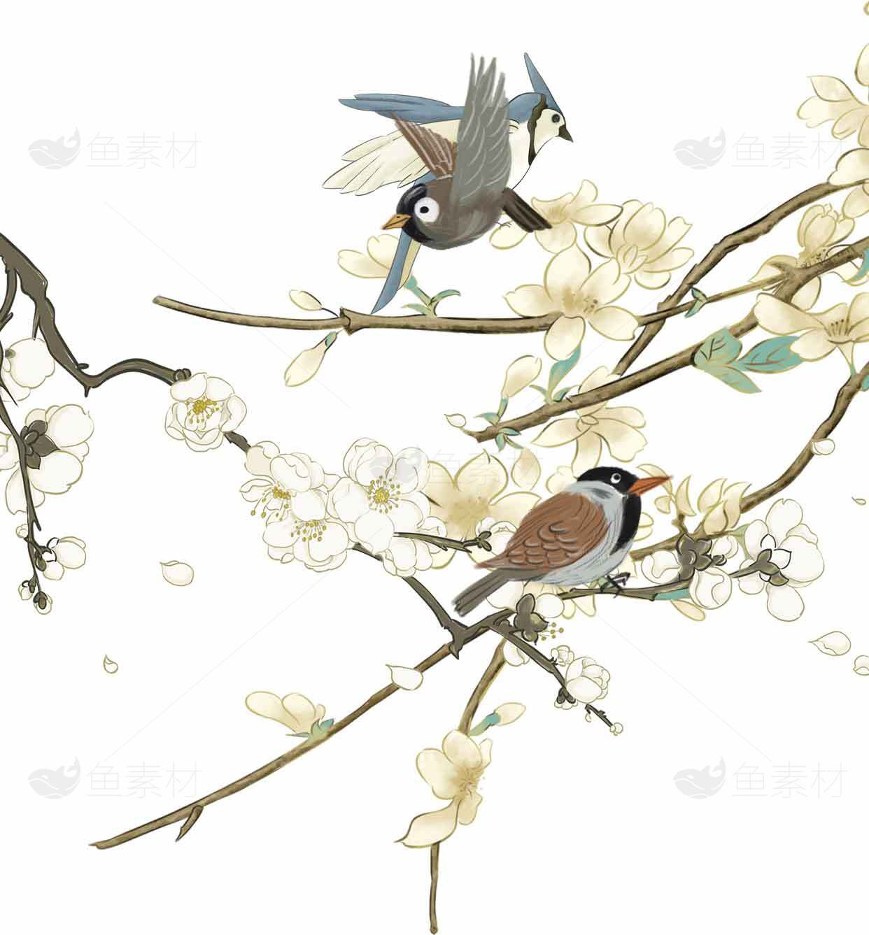 国风水墨画梅花与鸟的唯美意境插画素材