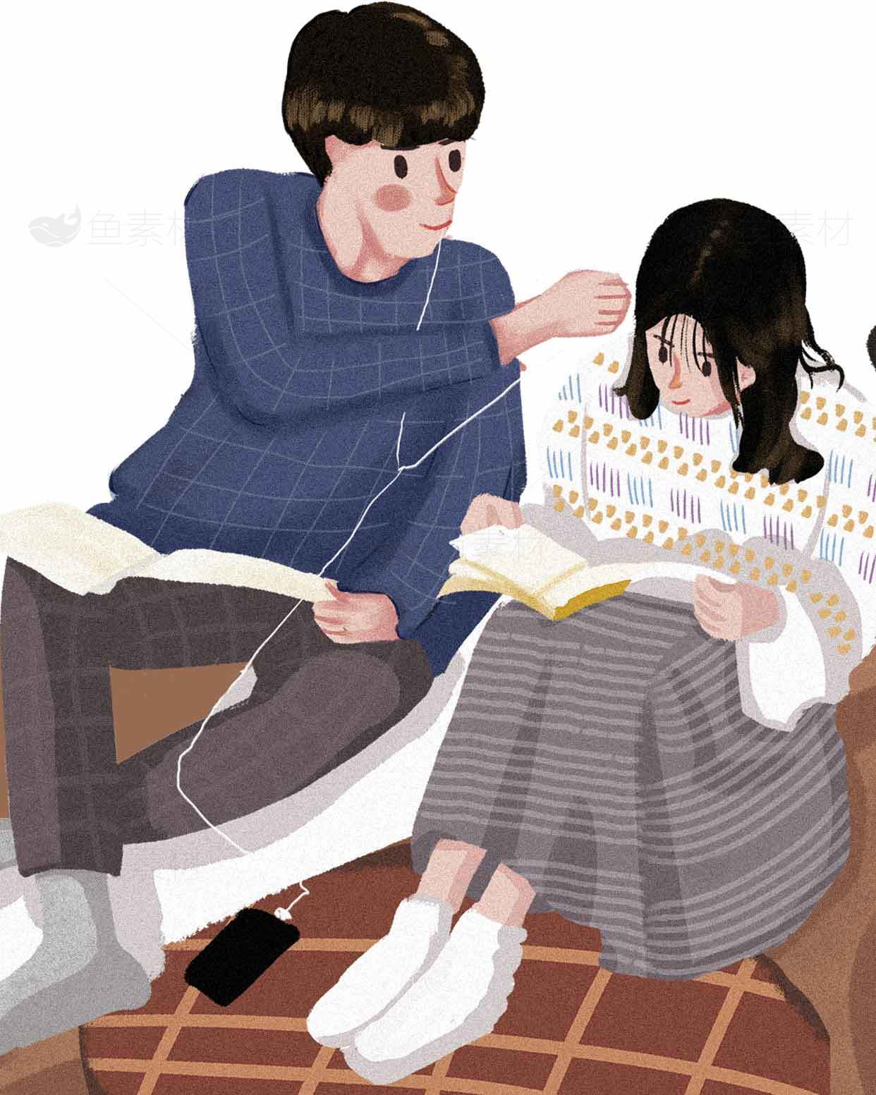 温馨家庭阅读场景插画素材